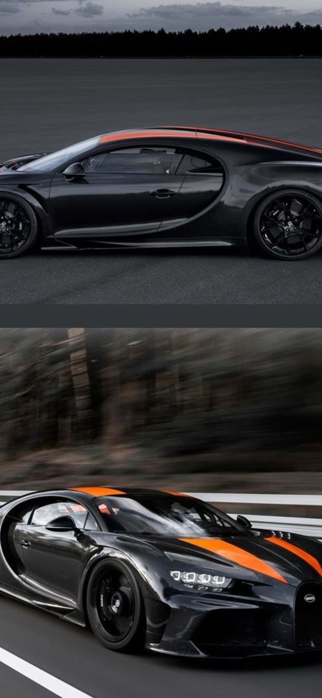 iPhone Xs Bugatti 桌布 壁紙 — 一輛時尚的黑色Bugatti Chiron帶有橙色點綴，在多雲的天空下沿著賽道飛馳。