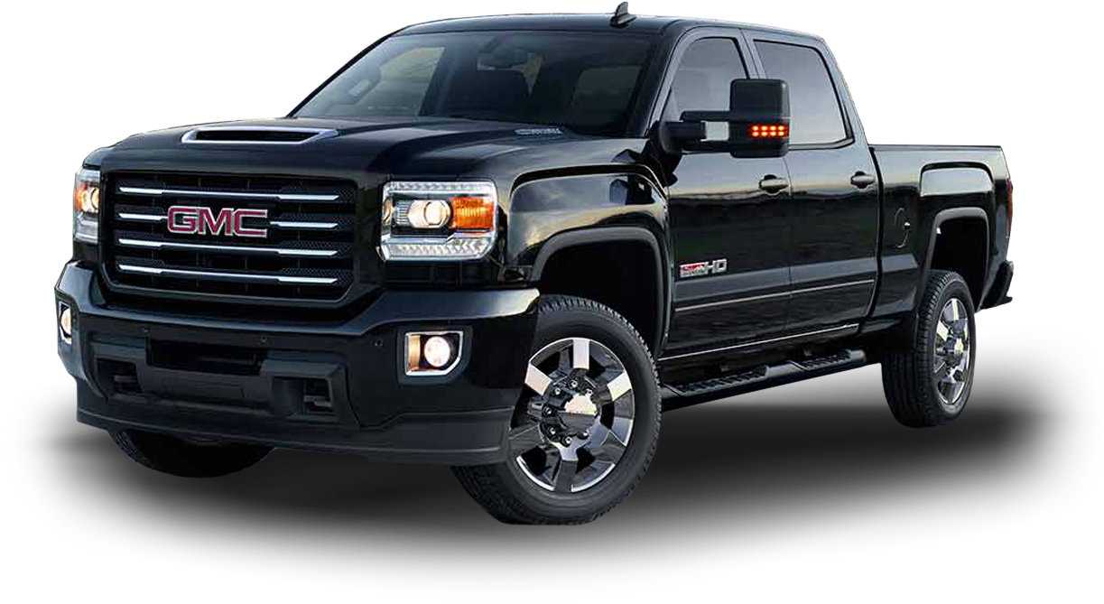 GMC 桌布 壁紙 — 一輛時尚的黑色GMC Sierra 1500皮卡車，帶有鍍鉻裝飾和LED燈，在純黑色背景下大膽展示。