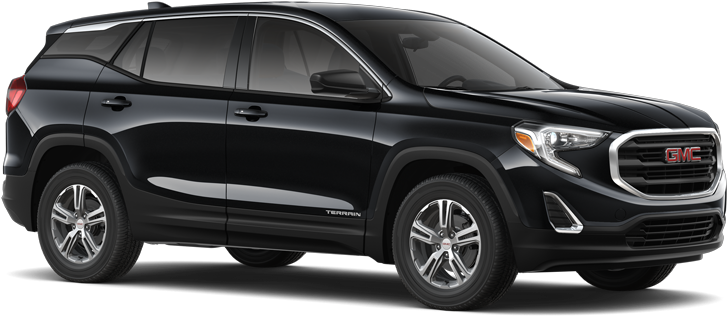 GMC 桌布 壁紙 — 一輛時尚的黑色GMC Terrain SUV，在純黑色背景上以側面展示，帶有鍍鉻飾條和現代化頭燈。
