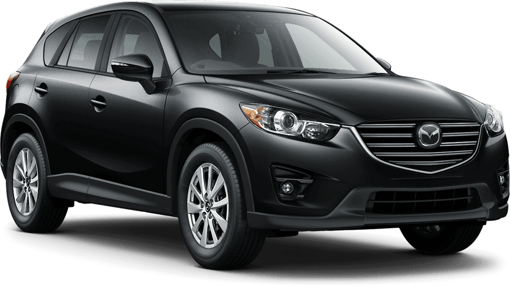 馬自達 桌布 壁紙 — 一輛時尚的黑色Mazda CX-5 SUV在純黑色背景下的攝影棚燈光中展示，帶有反光的鍍鉻飾件。