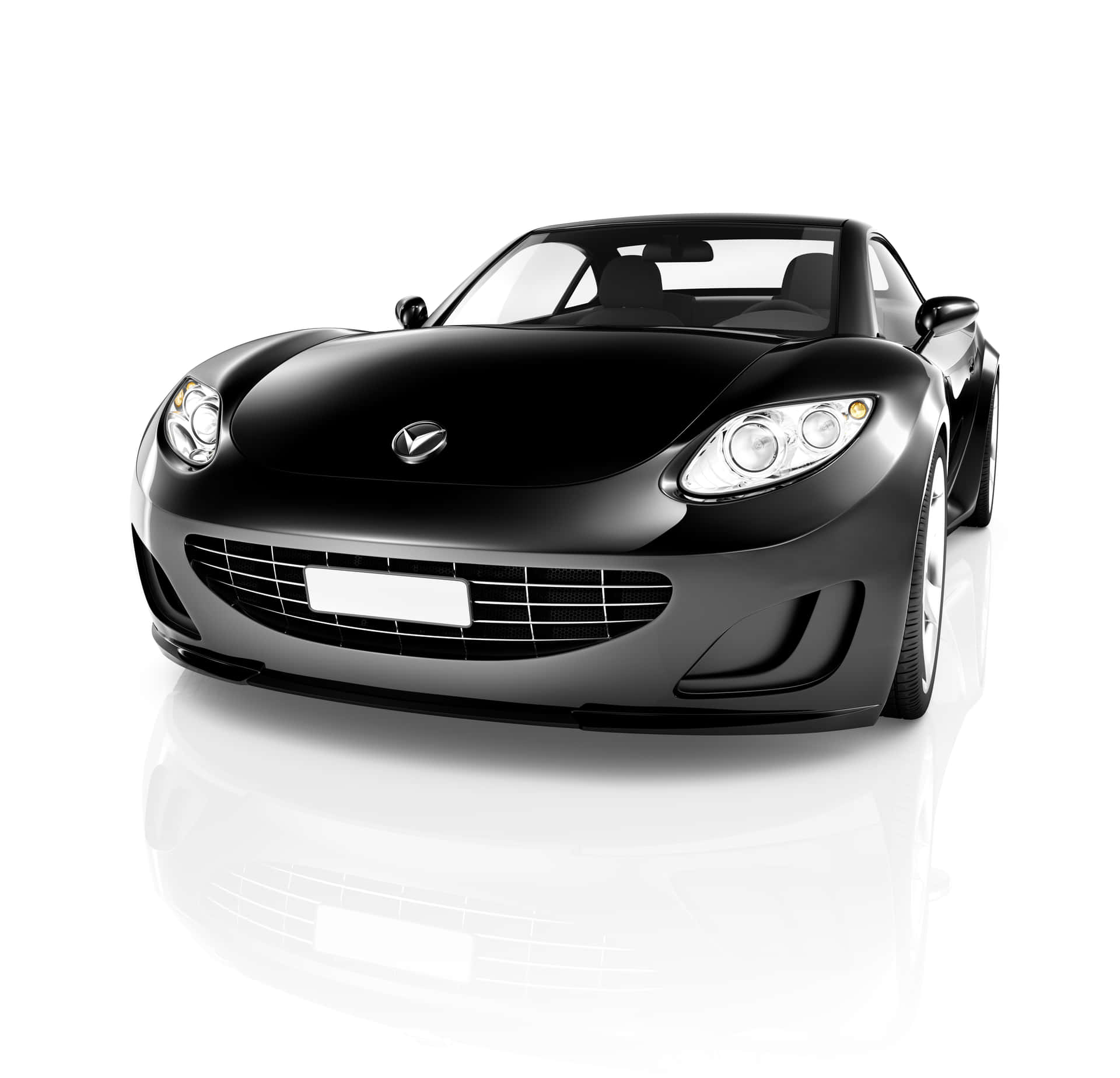 Black Sports Car 壁紙 — 一輛時尚的黑色Mazda跑車，帶有發光的頭燈和光澤表面，立在反光的白色表面上。