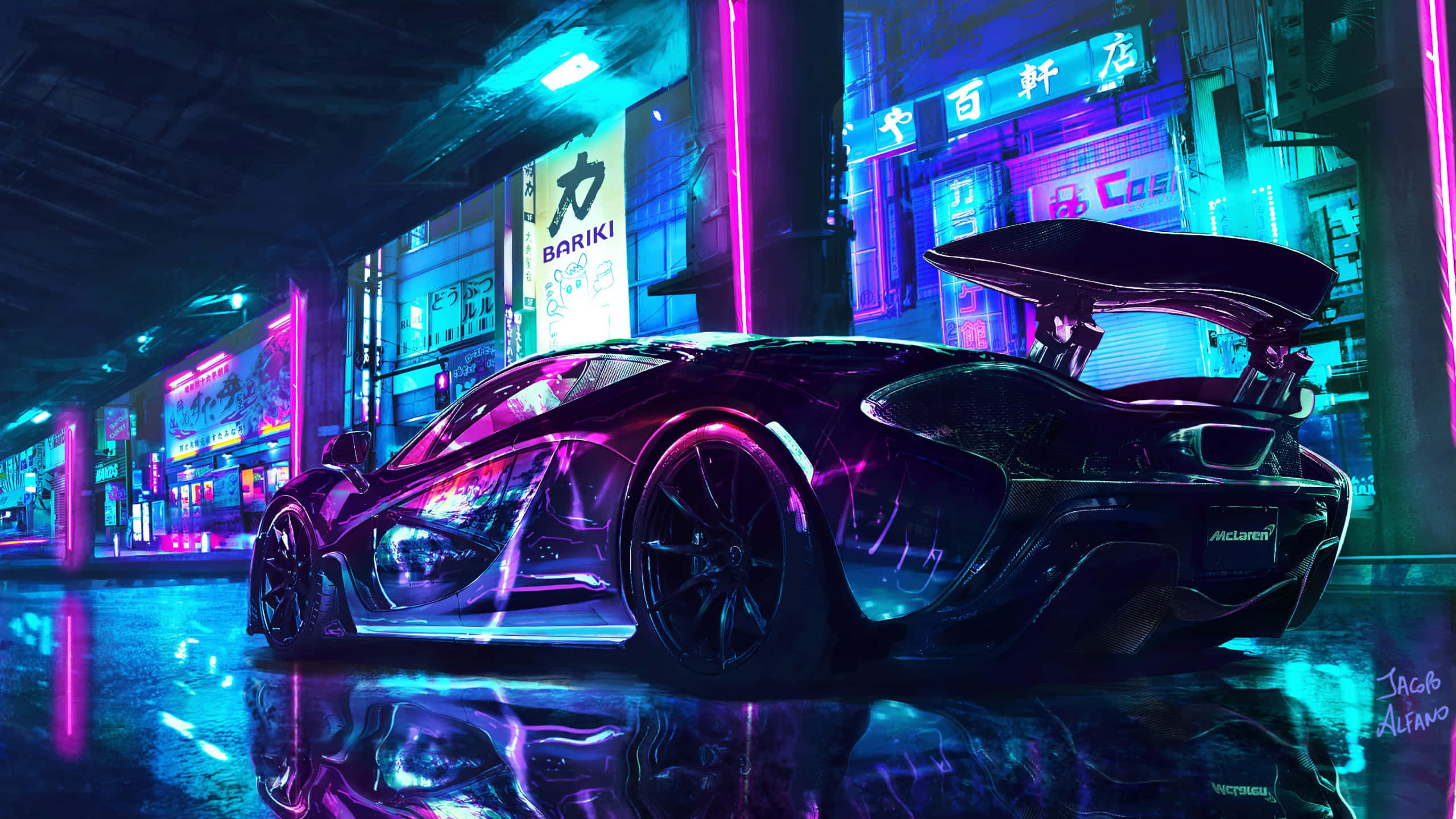Cyberpunk Aesthetic 桌布 壁紙 — 一輛時尚的黑色McLaren跑車在雨夜的賽博朋克街道上，在霓虹燈下閃閃發光。