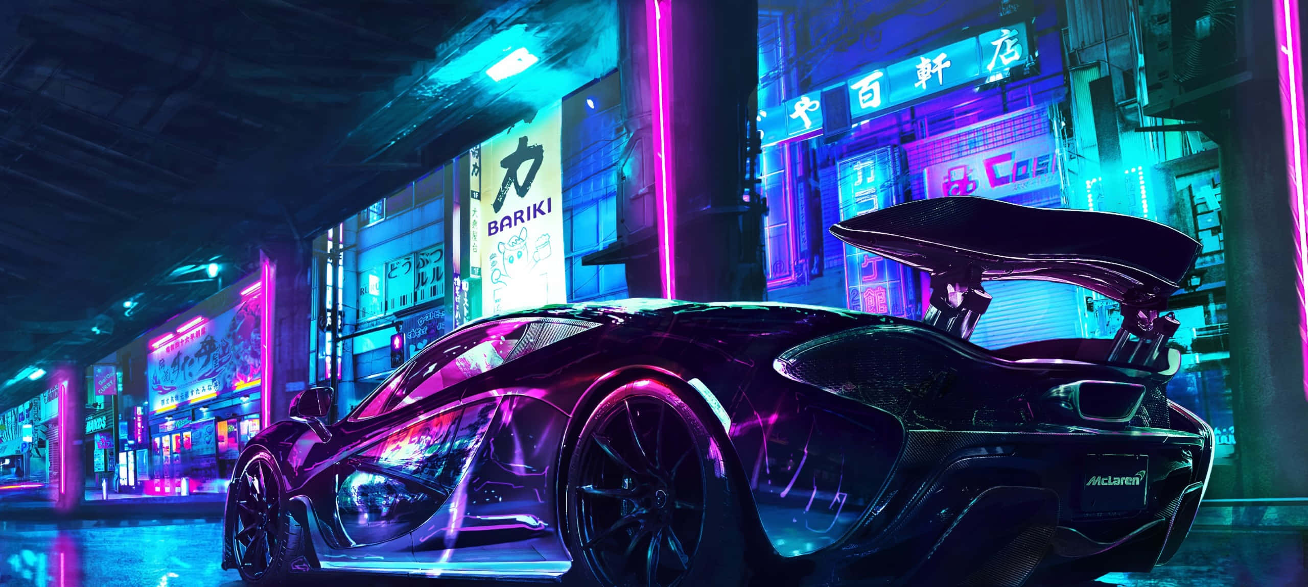Cyberpunk Laptop 桌布 壁紙 — 一輛時尚的黑色McLaren跑車在未來主義的賽博朋克城市街道上，在霓虹燈下閃閃發光。