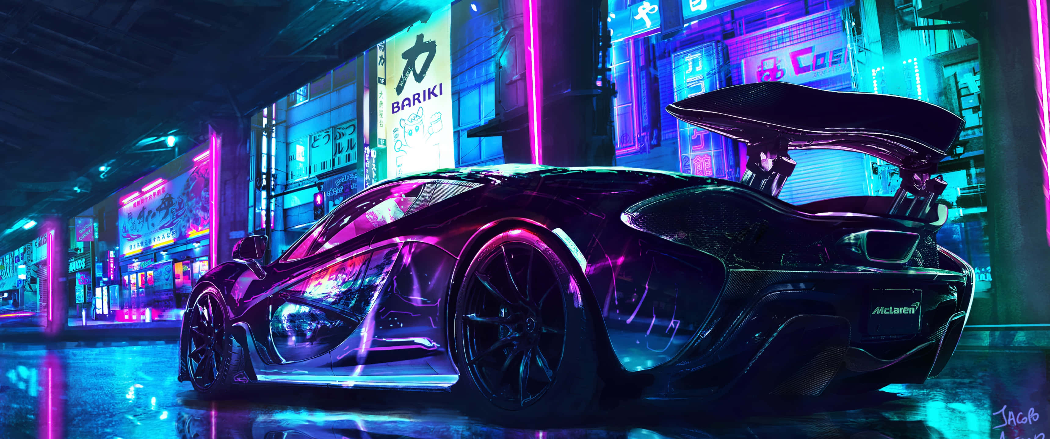 Cool Mclaren 桌布 壁紙 — 一輛時尚的黑色McLaren跑車在雨夜的賽博龐克城市街道上，於霓虹燈下閃閃發光。
