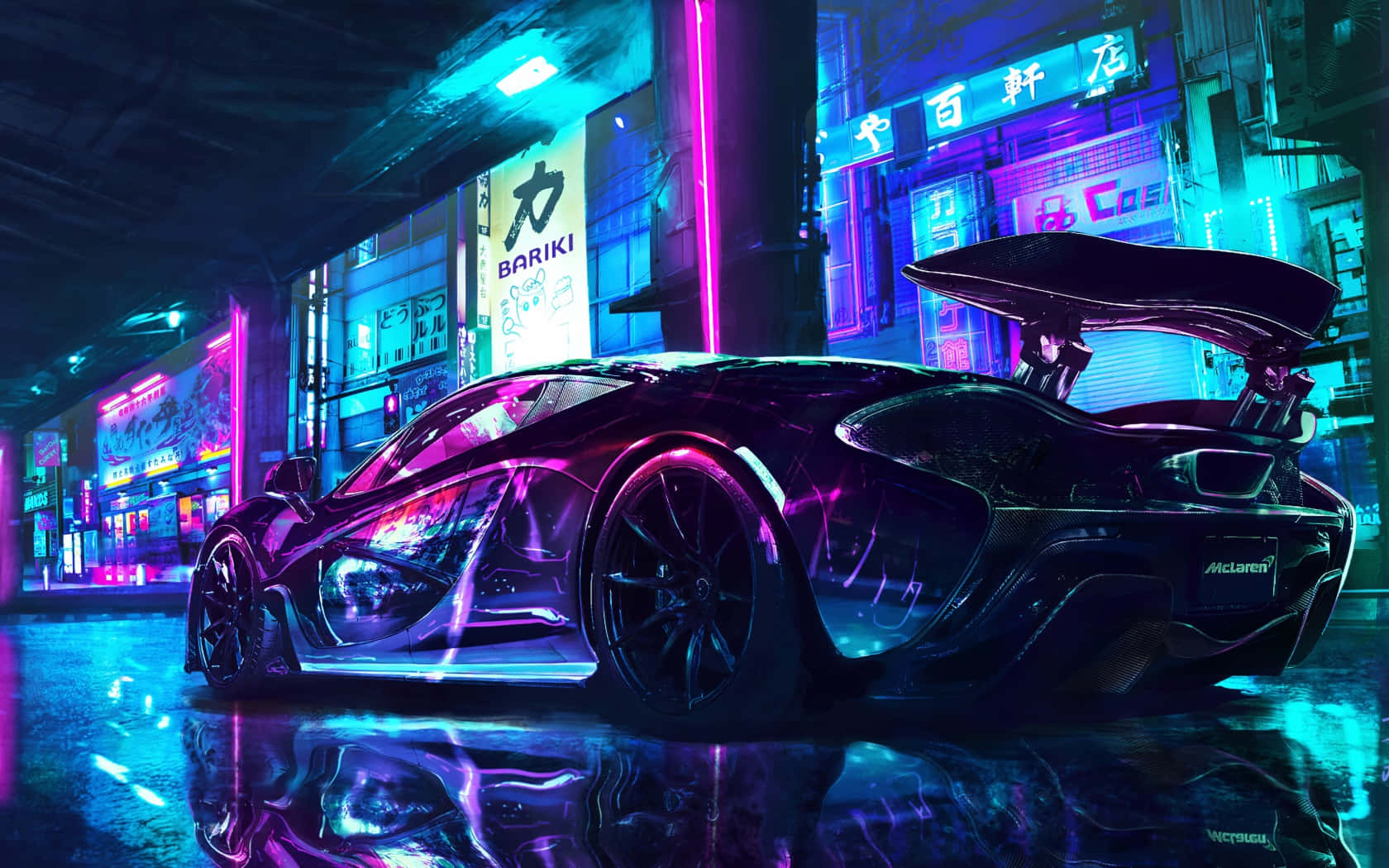 跑車 桌布 壁紙 — 一輛時尚的黑色McLaren跑車在霓虹燈下閃耀，濕漉漉的賽博朋克街道反射出鮮豔的粉紅色和藍色色調。