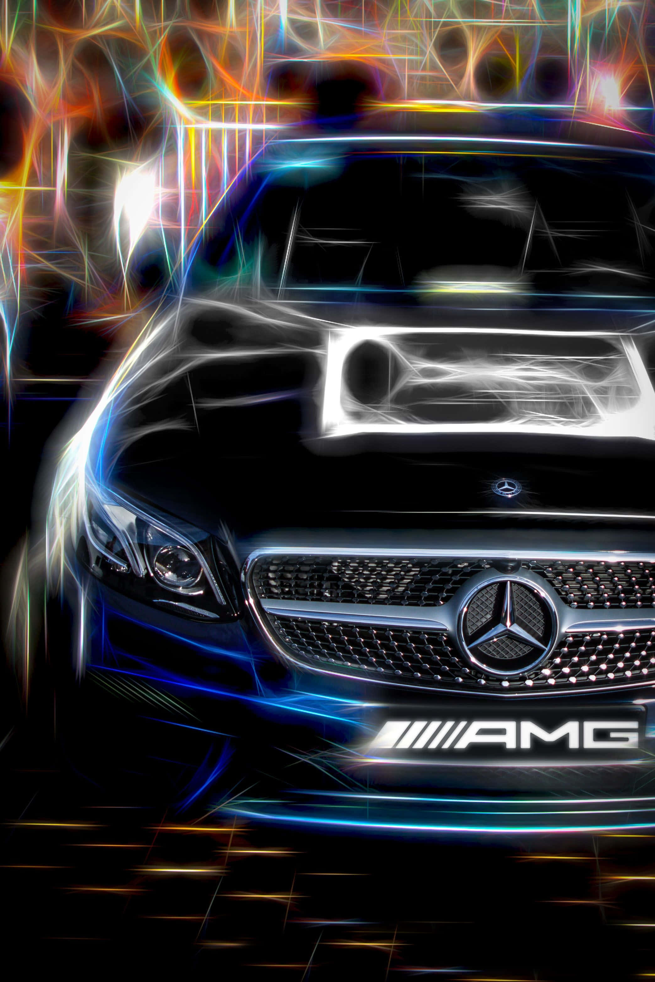 Mercedes 桌布 壁紙 — 一輛時尚的黑色Mercedes-AMG跑車在黑暗抽象背景上發出電藍色和霓虹燈條的光芒。