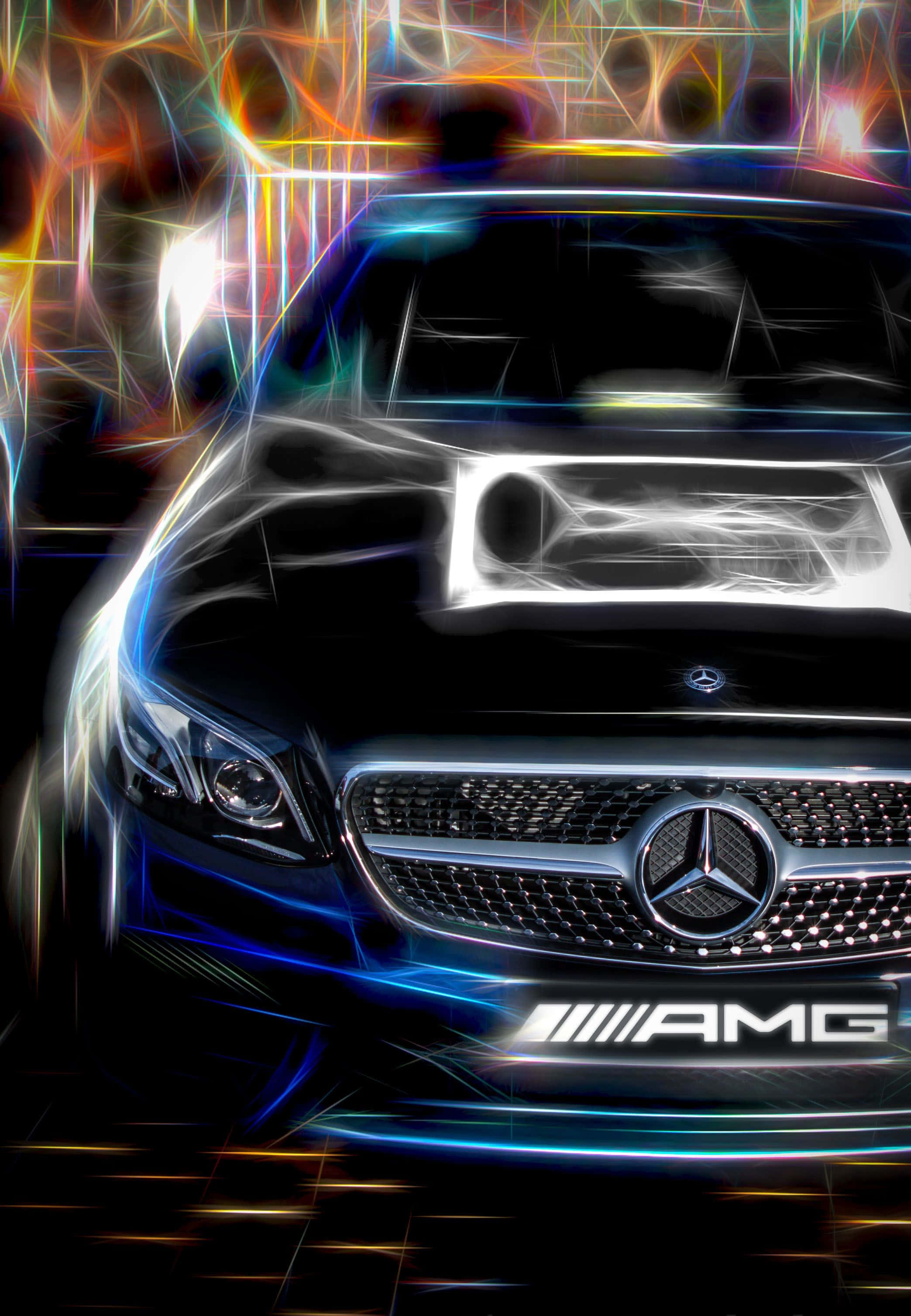 iPhone X Mercedes 桌布 壁紙 — 一輛時尚的黑色Mercedes-AMG汽車在黑暗抽象背景上閃耀著電光藍和霓虹條紋。