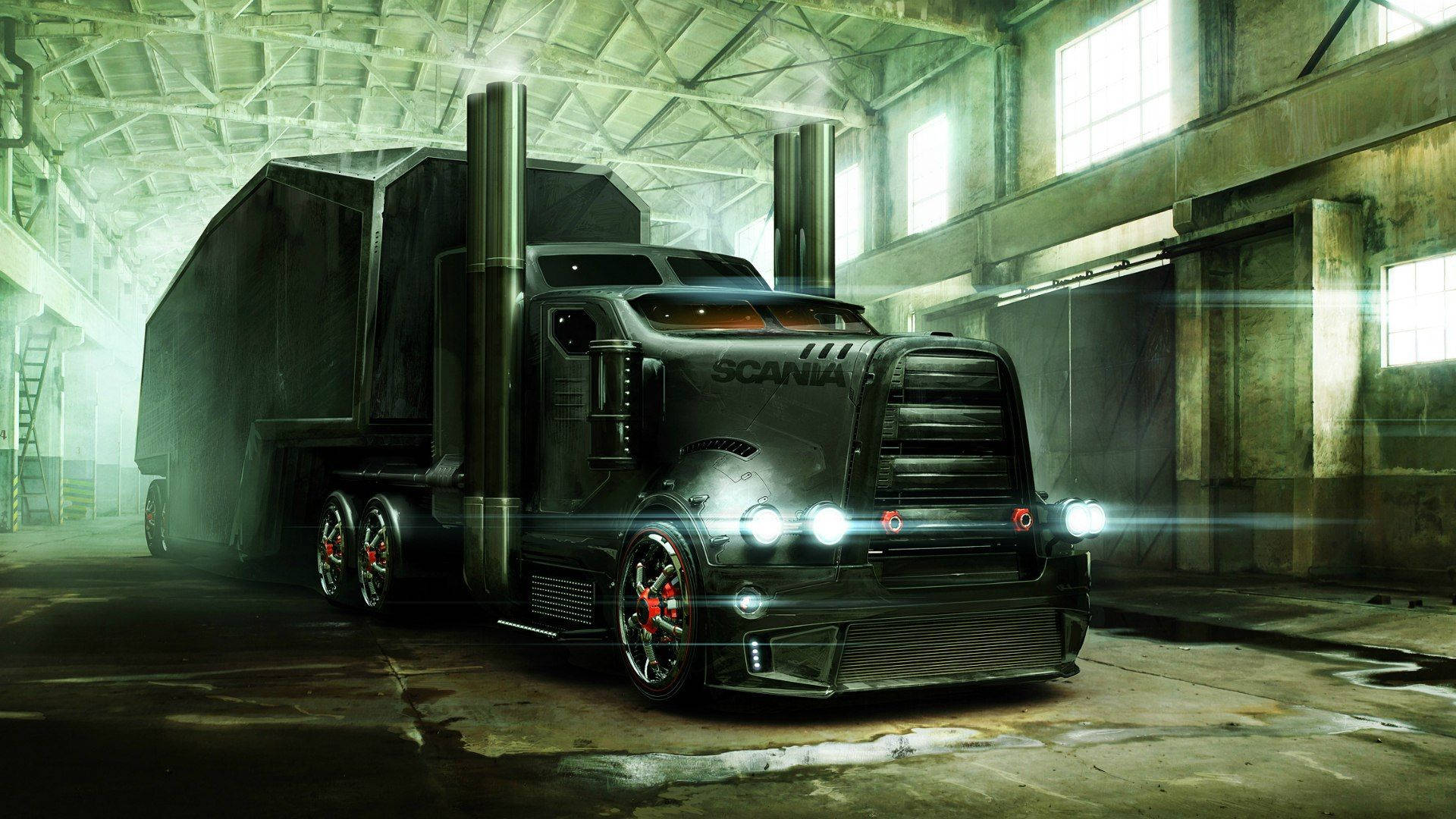 Trucks 桌布 壁紙 — 一輛時尚的黑色Scania半掛卡車，車頭燈發光，停在充滿灰塵的工業倉庫中，沐浴在綠色光線下。