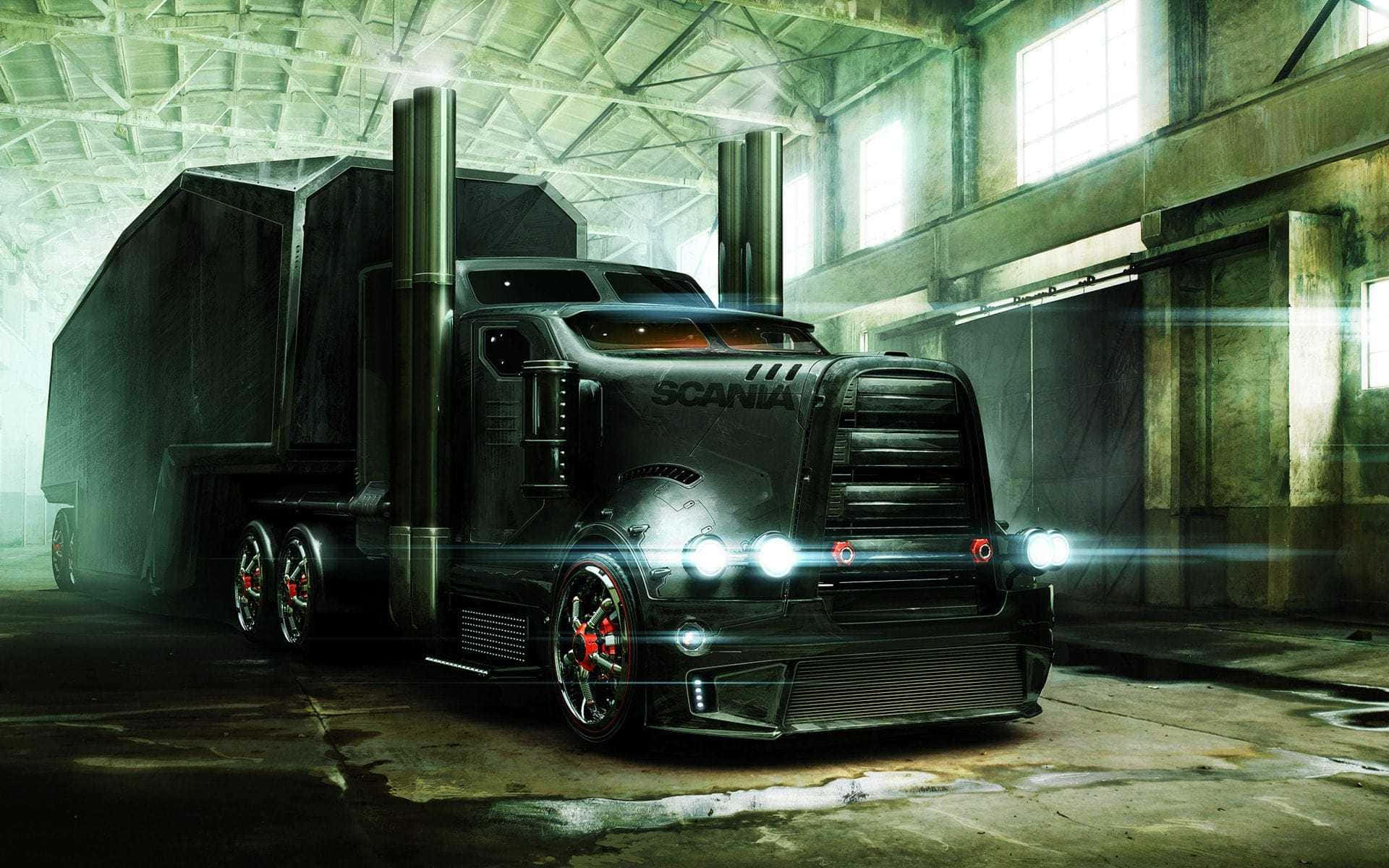 Jacked Up Trucks 桌布 壁紙 — 一輛時尚的黑色Scania半掛卡車，車頭燈閃爍，威風凜凜地停放在一個灰塵滿佈、光線交錯的工業倉庫中。