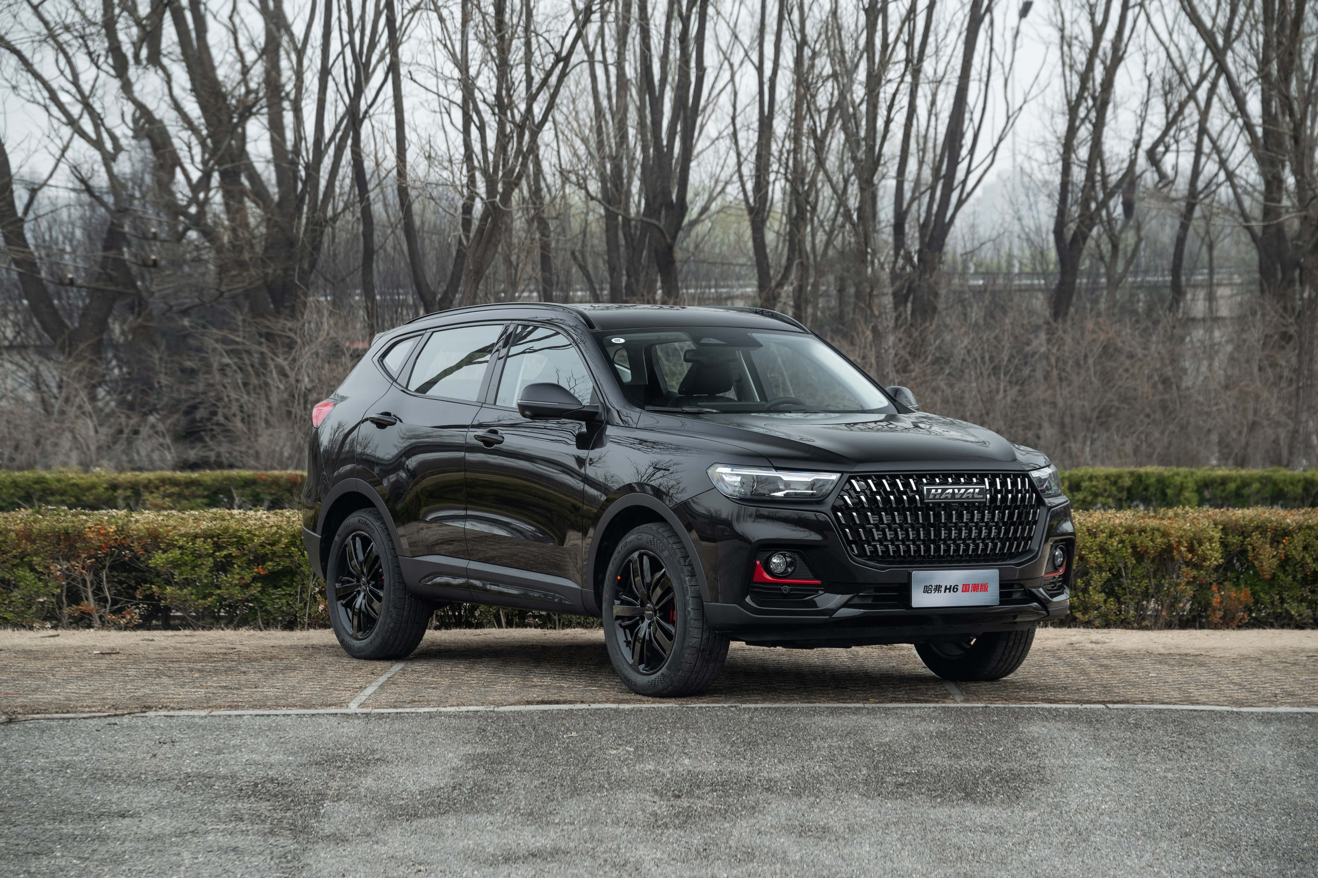 Haval 桌布 壁紙 — 一輛時尚的黑色SUV停泊在人行道上，背景是光禿禿的樹木和修剪整齊的樹籬，天空多雲。