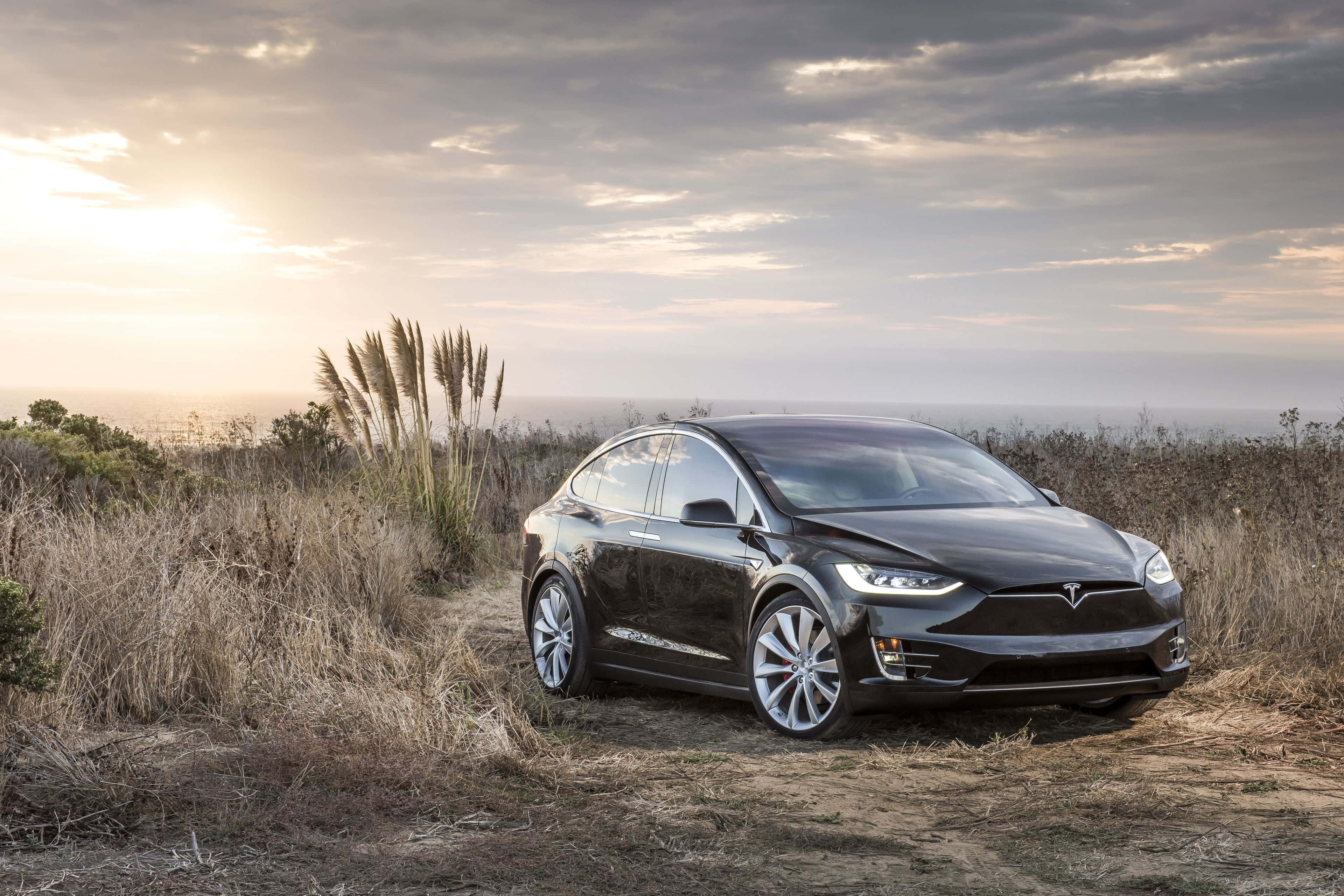 特斯拉 桌布 壁紙 — 一輛時尚的黑色Tesla Model X停在日落時分的泥路上，乾草和遠處的海洋在陰天之下。