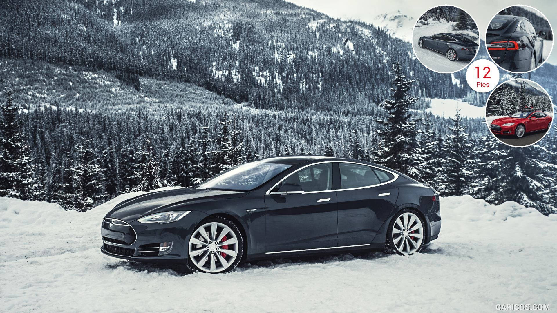 特斯拉 桌布 壁紙 — 一輛時尚的黑色Tesla Model S停在深雪中，背景是白雪覆蓋的松林和山脈。
