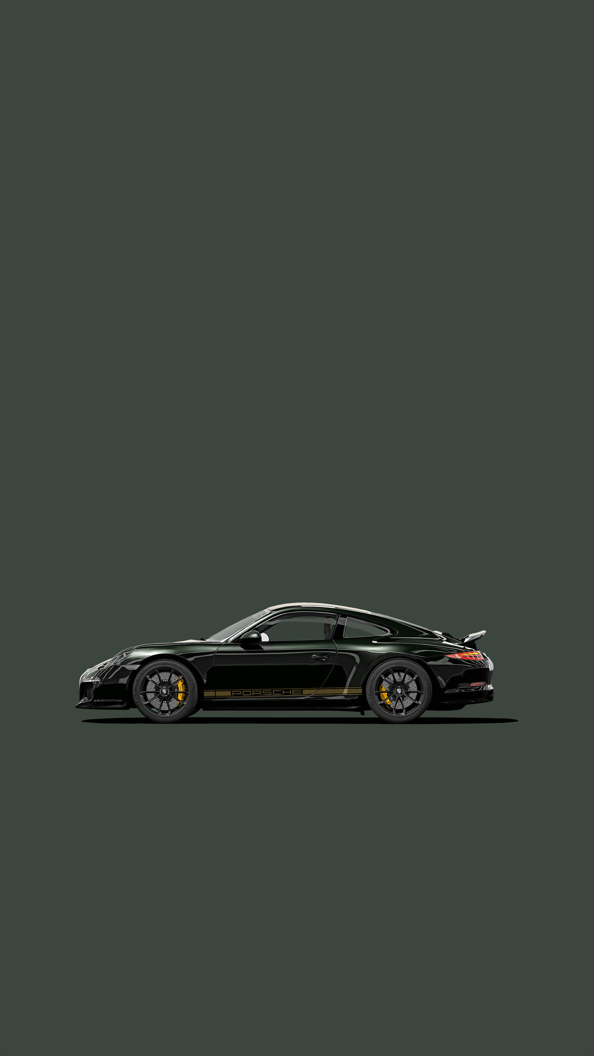 深綠色背景上的黑色保時捷跑車，帶有黃色點綴 — 保時捷 GIF 壁紙
