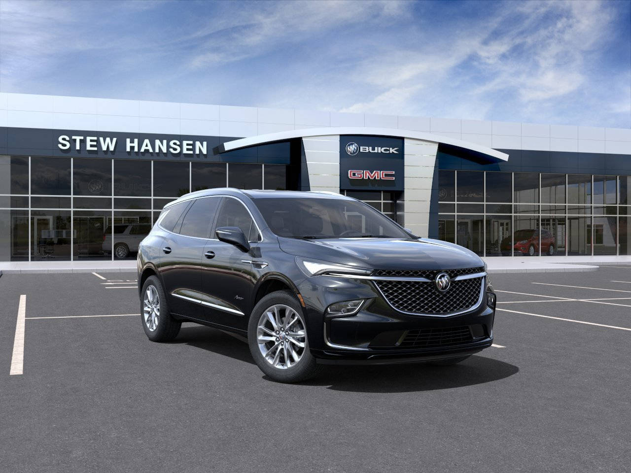 Buick 桌布 壁紙 — 一輛時尚的黑色別克SUV停放在現代汽車經銷商前，天空湛藍，白雲點綴。