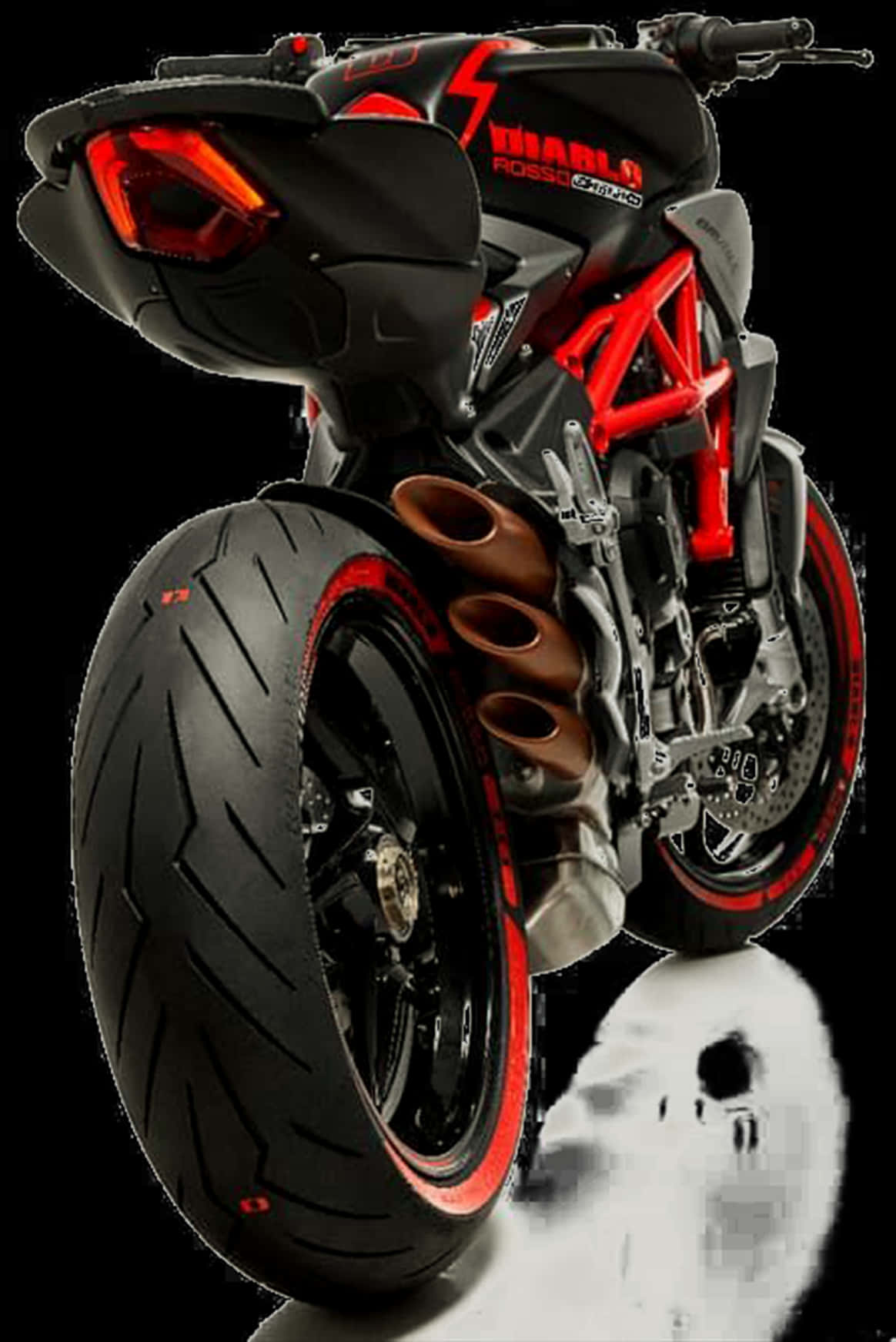 Bike HD 桌布 壁紙 — 一輛時尚的黑色和紅色Ducati摩托車，帶有發光的尾燈和鍍鉻排氣管，站在黑色背景的反射表面上。