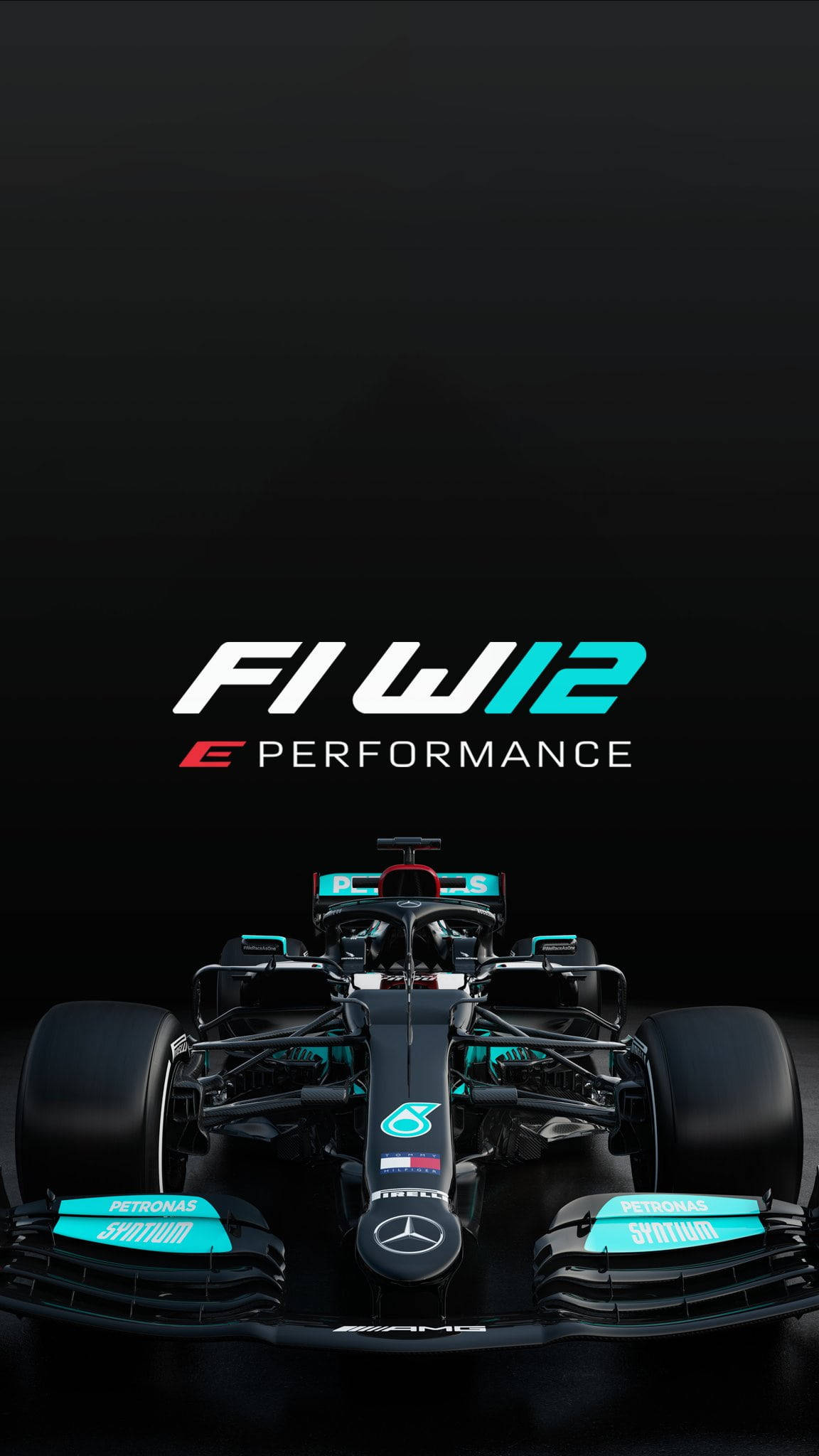 Valtteri Bottas 桌布 壁紙 — 一輛時尚的黑色和藍綠色一級方程式賽車，在深色背景上帶有「F1 W12 E PERFORMANCE」文字。