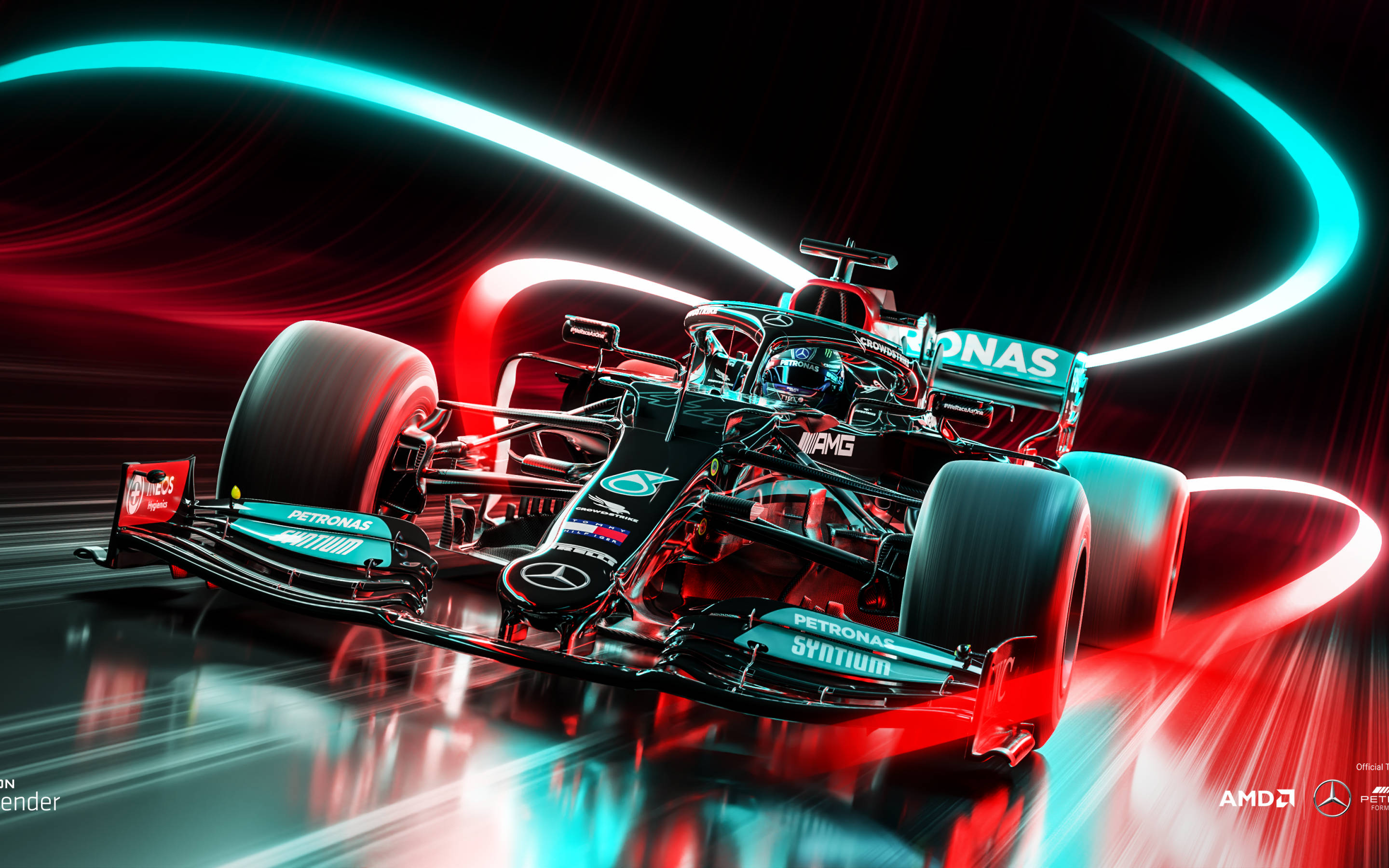 酷炫F1 桌布 壁紙 — 一輛時尚的黑色和藍綠色一級方程式賽車在黑暗背景上向前奔馳，周圍環繞著發光的紅色和青色霓虹軌跡。
