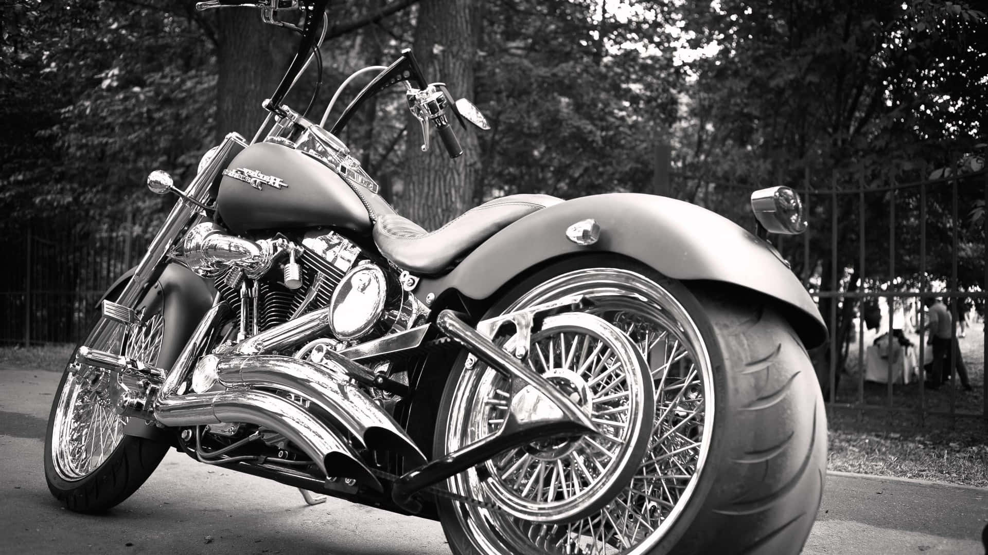 HD Bikes 桌布 壁紙 — 一輛時尚的黑色和鍍鉻chopper機車停泊在綠樹成蔭的街道上，背景有人群。