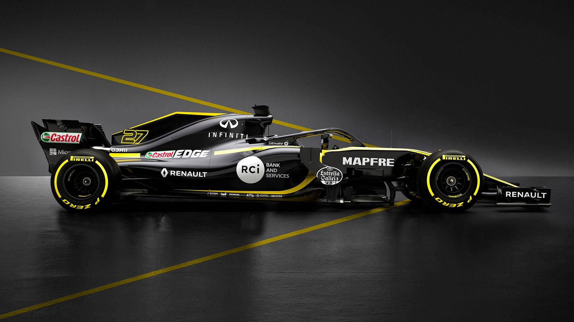 Renault 桌布 壁紙 — 一輛時尚的黑色和黃色一級方程式賽車，編號27，在帶有黃色賽道線的黑暗工作室中展示。