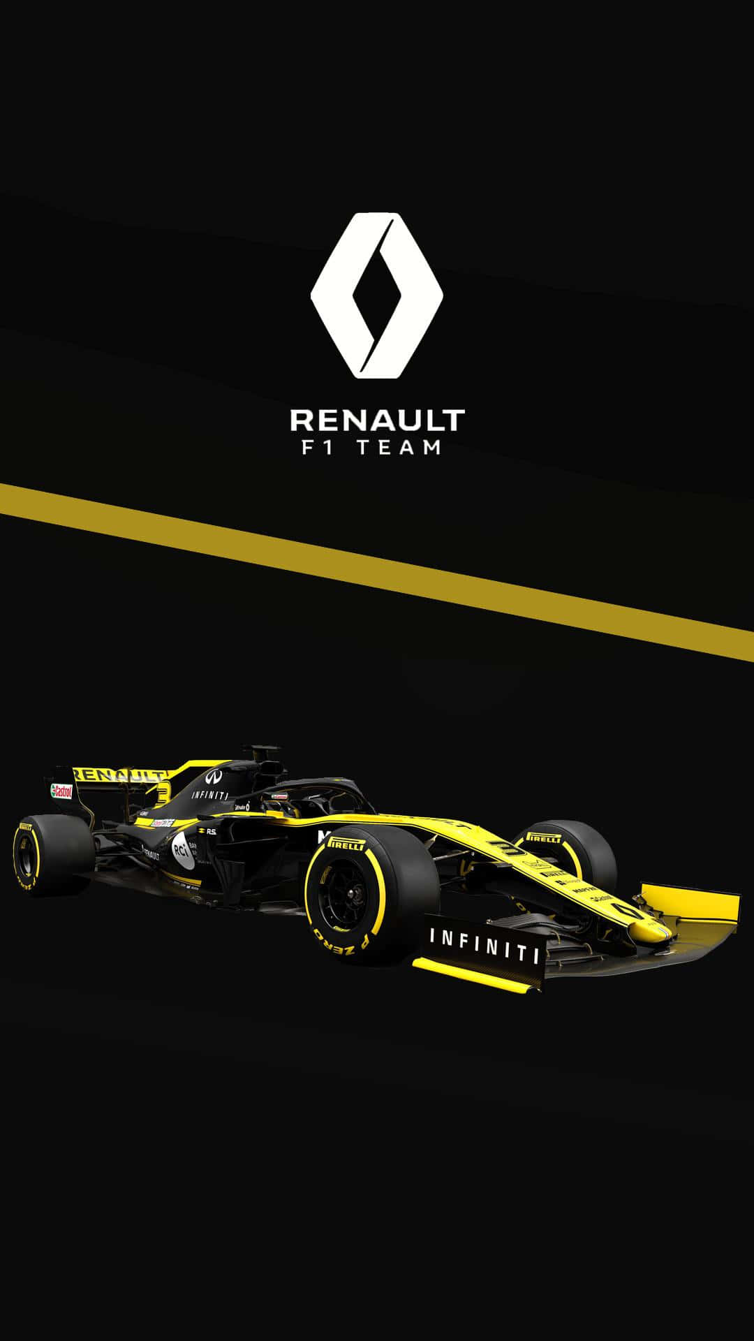 F1 2016 桌布 壁紙 — 一輛時尚的黑色和黃色雷諾F1車隊賽車，在純黑色背景上以動態角度呈現，帶有醒目的黃色條紋和標誌。