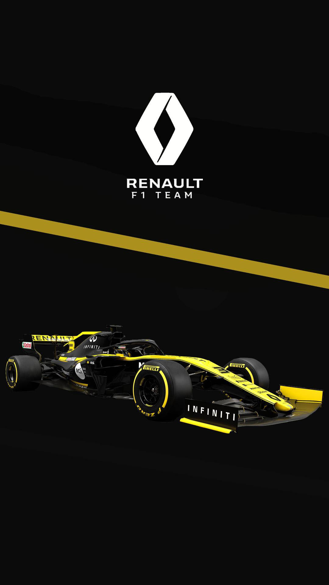 Renault 桌布 壁紙 — 一輛時尚的黑色和黃色雷諾F1車隊賽車，在純黑色背景上以動態角度呈現，帶有醒目的黃色條紋和車隊標誌。
