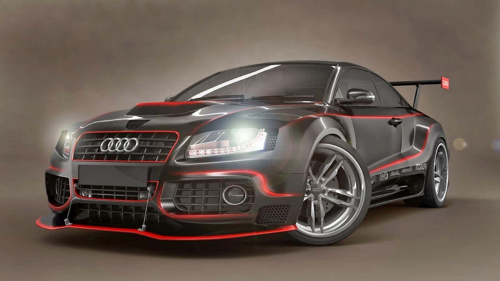 Modified Car 桌布 壁紙 — 一輛時尚的黑色奧迪跑車，帶有發光的紅色飾條和後擾流板，在煙霧繚繞的攝影棚背景下被車頭燈照亮。