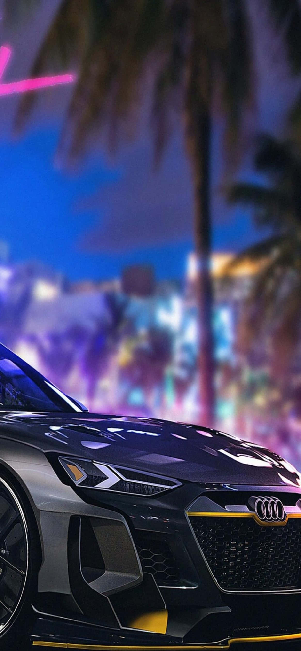 iPhone Xs Max Need For Speed Heat 桌布 壁紙 — 一輛時尚的黑色奧迪跑車在霓虹燈下閃閃發光，背景是棕櫚樹和充滿活力的城市景觀。