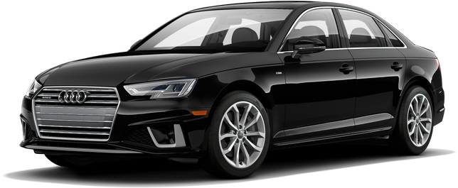 Cool Car 桌布 壁紙 — 一輛時尚的黑色奧迪轎車，配備銀色輪圈和鋒利頭燈，孤立在純黑色背景前。