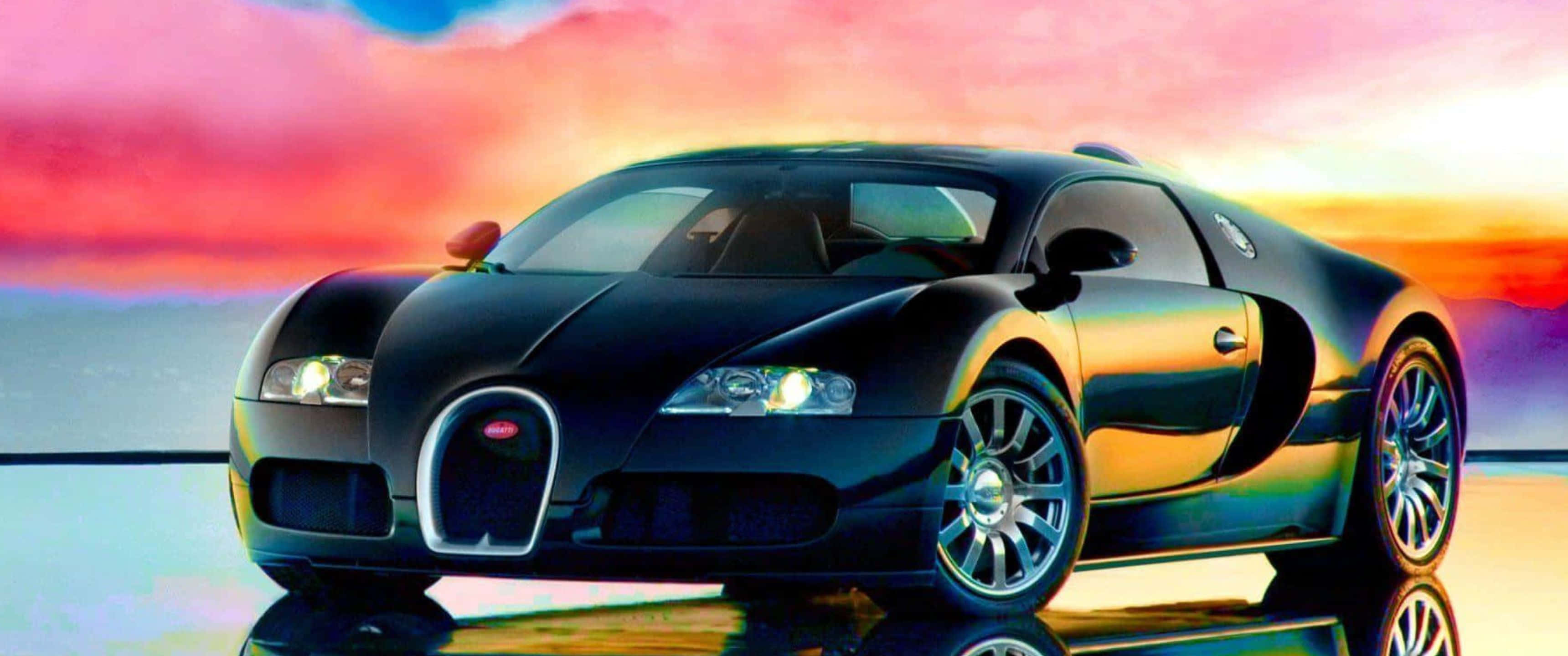 3440x1440p Bugatti 桌布 壁紙 — 一輛時尚的黑色布加迪超級跑車在充滿粉紅、橙色和紫色雲彩的 vibrant 日落天空下閃閃發光。
