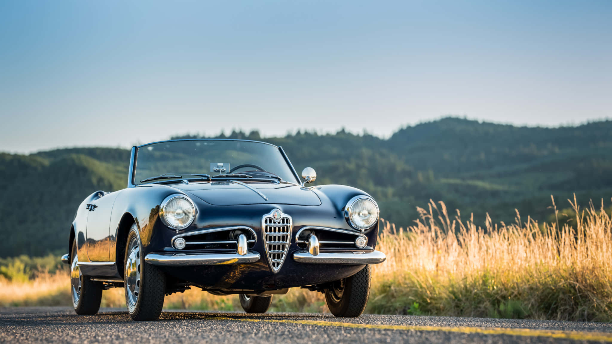 Alfa Romeo Spider 桌布 壁紙 — 一輛時尚的黑色復古 Alfa Romeo Spider 敞篷車停放在陽光明媚的鄉村道路上，背景是連綿起伏的綠色山丘。
