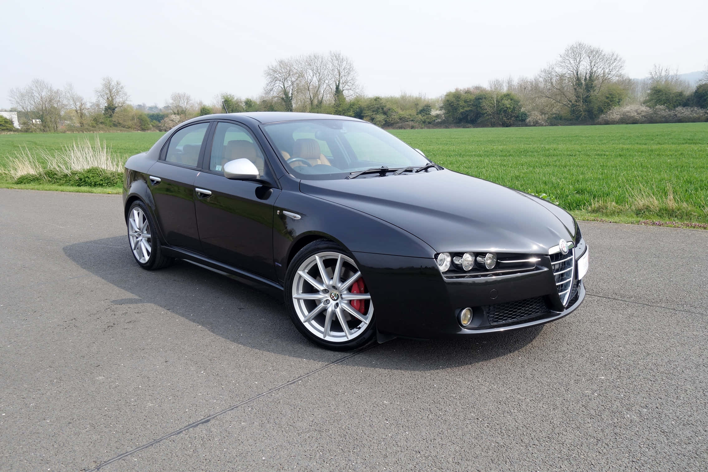 Alfa Romeo 159 桌布 壁紙 — 一輛時尚的黑色愛快羅密歐轎車，配備銀色輪圈和紅色制動卡鉗，停在綠色田野旁的瀝青路上。