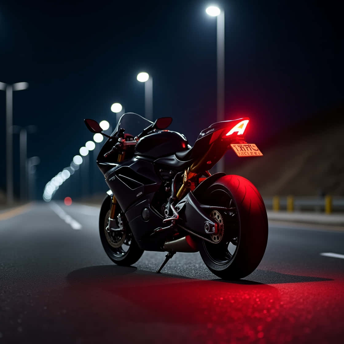 ducati panigale 壁紙 — 一輛時尚的黑色摩托車，帶有發光的紅色尾燈，停在潮濕的夜街上，路燈下。