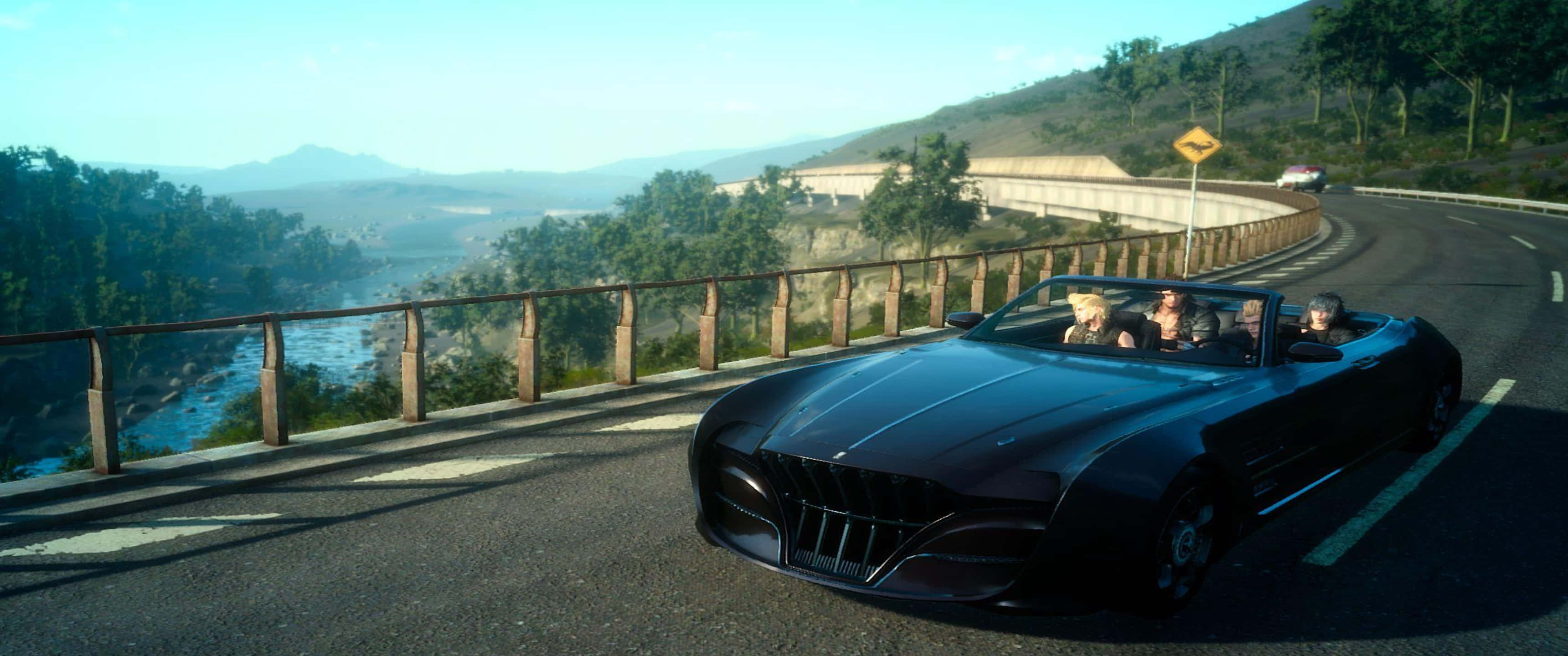 3440x1440p Final Fantasy Xv 桌布 壁紙 — 一輛時尚的黑色敞篷跑車沿著蜿蜒的山路行駛，乘客們欣賞著風景如畫的山谷景色。