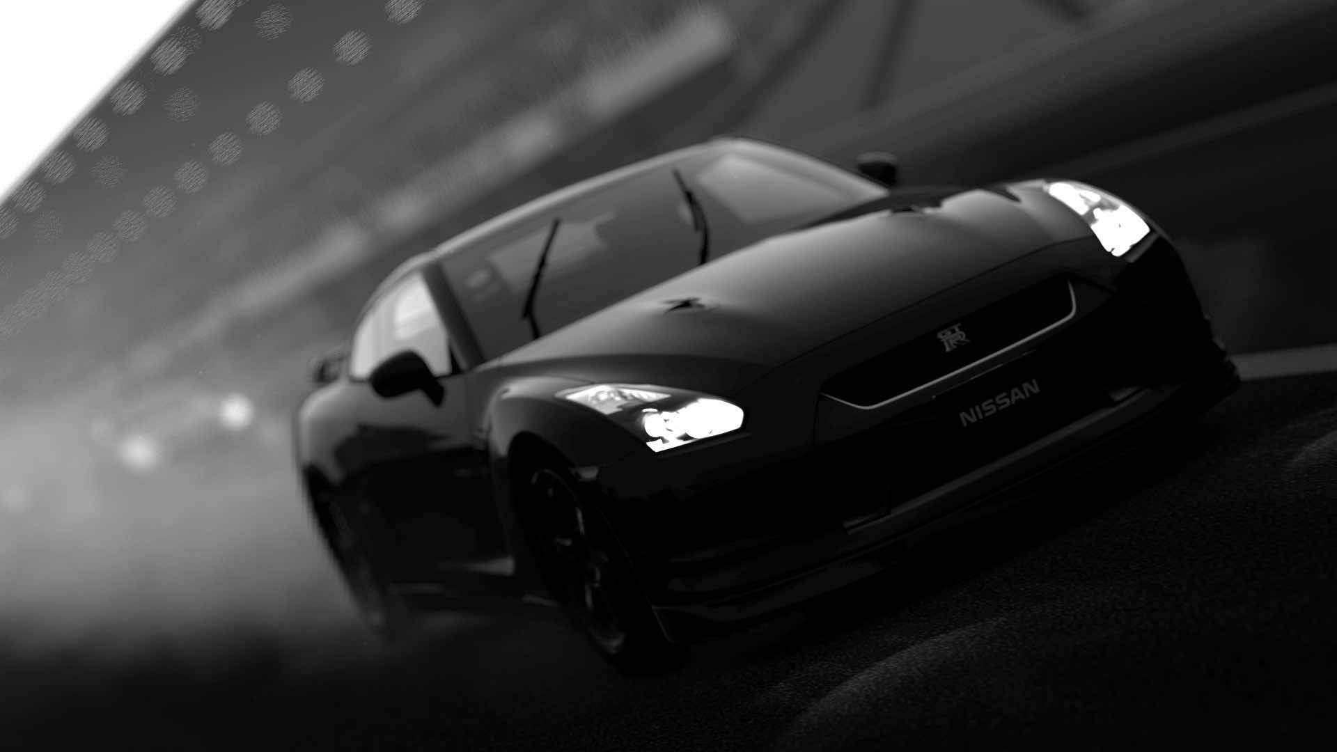 黑白 桌布 壁紙 — 一輛時尚的黑色日產GT-R在煙霧瀰漫的隧道中疾馳，明亮的車頭燈劃破霧氣。