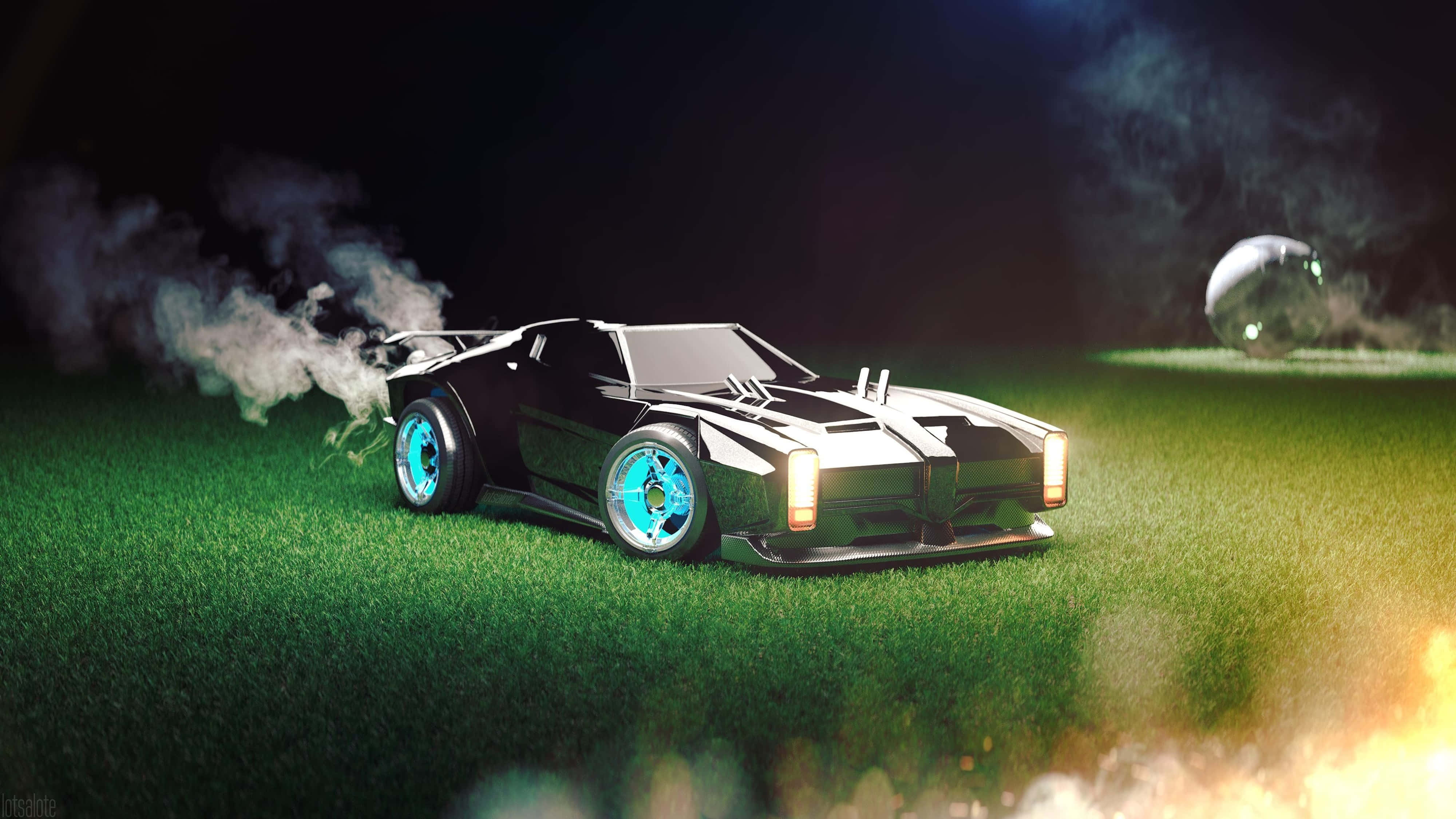 Drift 桌布 壁紙 — 一輛時尚的黑色未來主義跑車，帶有發光的藍色車輪，夜間停在草地上，散發出煙霧和火焰般的廢氣。