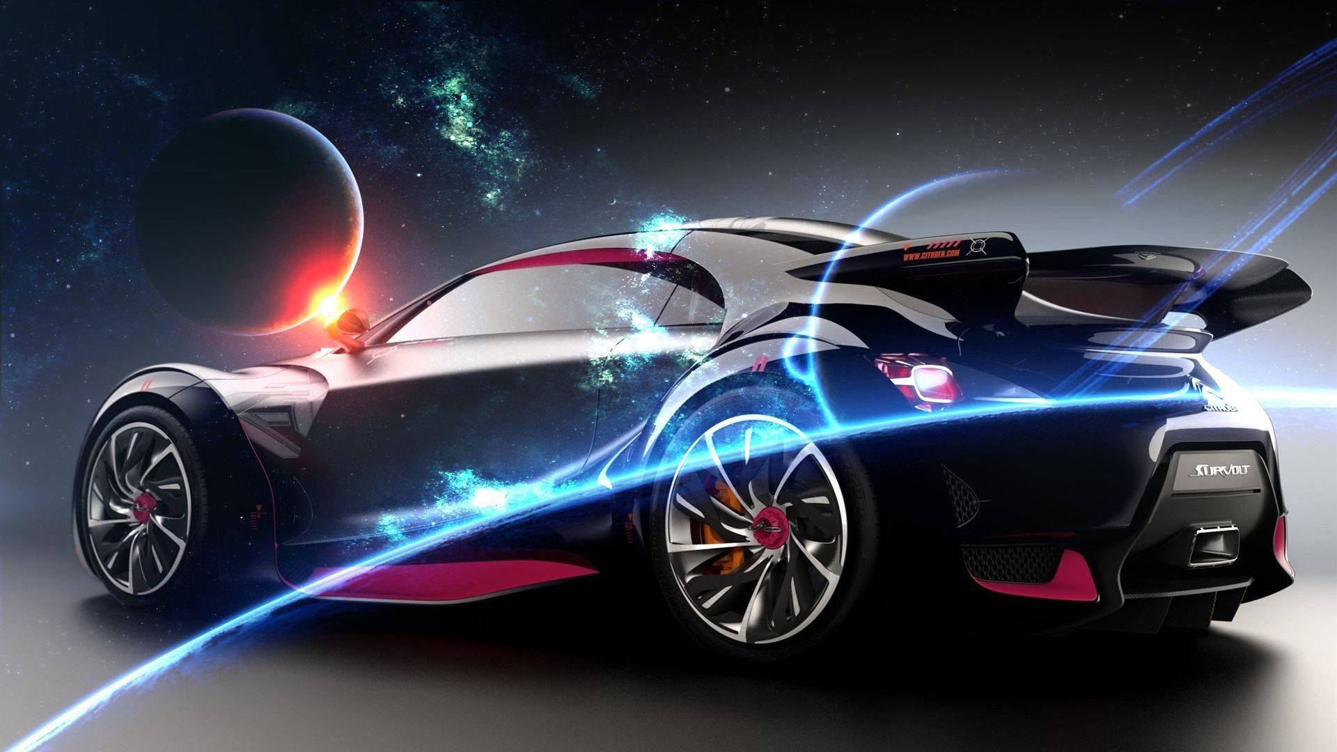Citroen 桌布 壁紙 — 一輛時尚的黑色未來主義跑車在太空中滑行，帶有發光的藍色能量軌跡和一顆在宇宙背景中發光的行星。