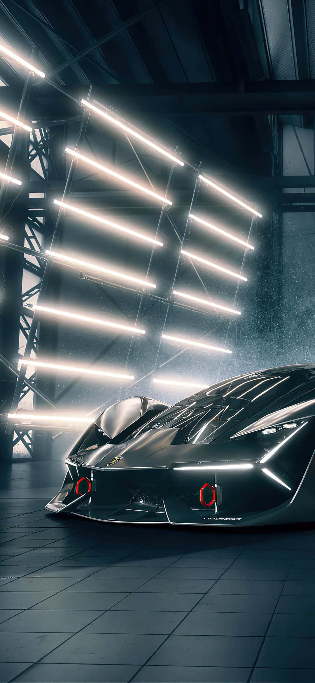 Pixel 3xl Lamborghini 桌布 壁紙 — 一輛時尚的黑色未來主義跑車在明亮線性燈光下於高科技工業車庫中發光。