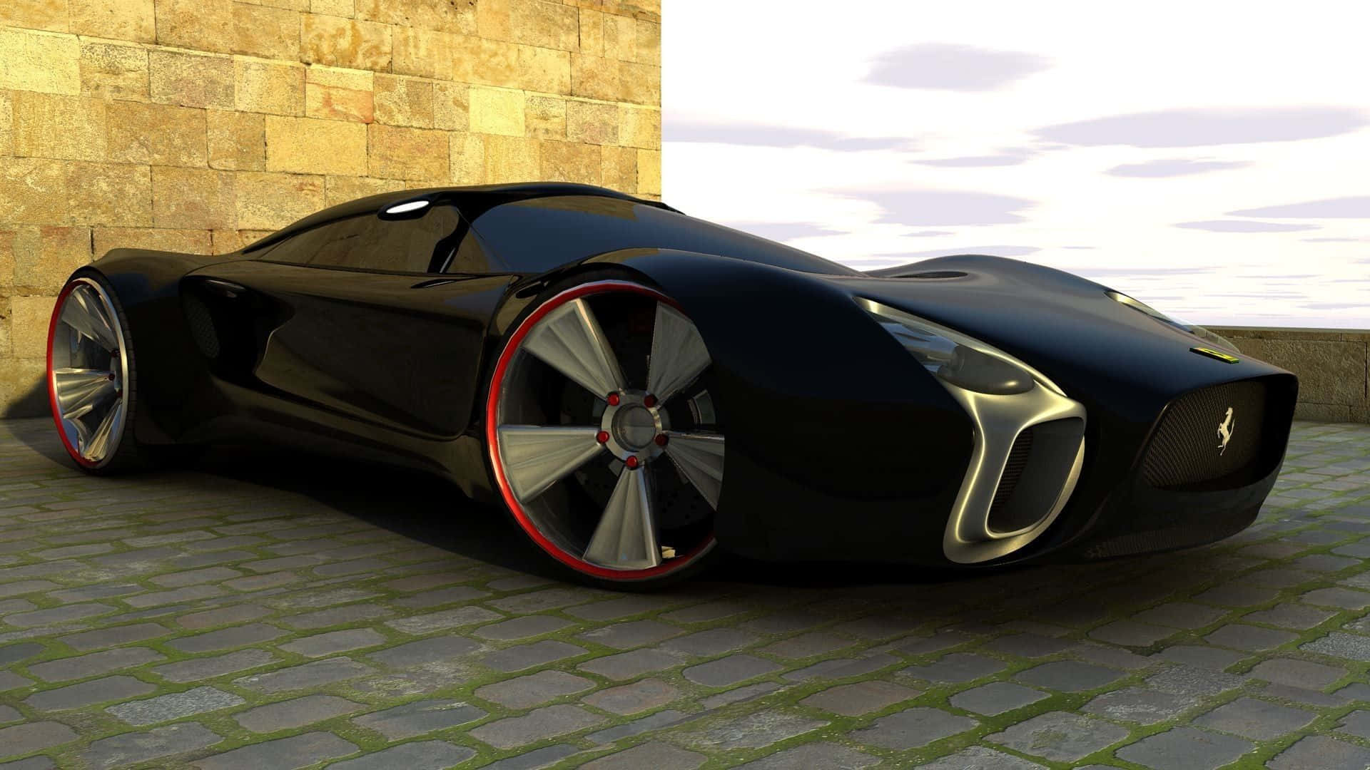 Top 10 Car 桌布 壁紙 — 一輛時尚的黑色未來感跑車，帶有紅色點綴的輪胎，停靠在鵝卵石庭院的石牆旁。