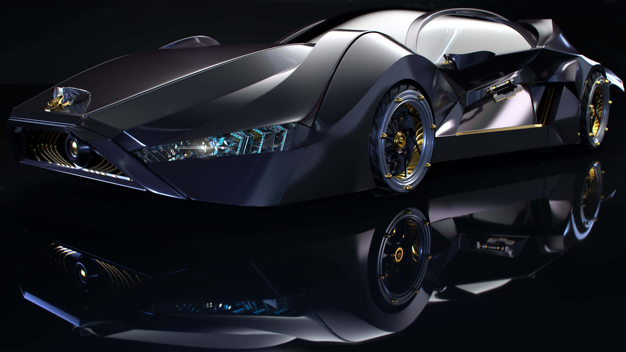 Car Design 桌布 壁紙 — 一輛時尚的黑色未來感跑車，帶有金色點綴和發光的藍色車頭燈，完美反射在深色光澤表面上。