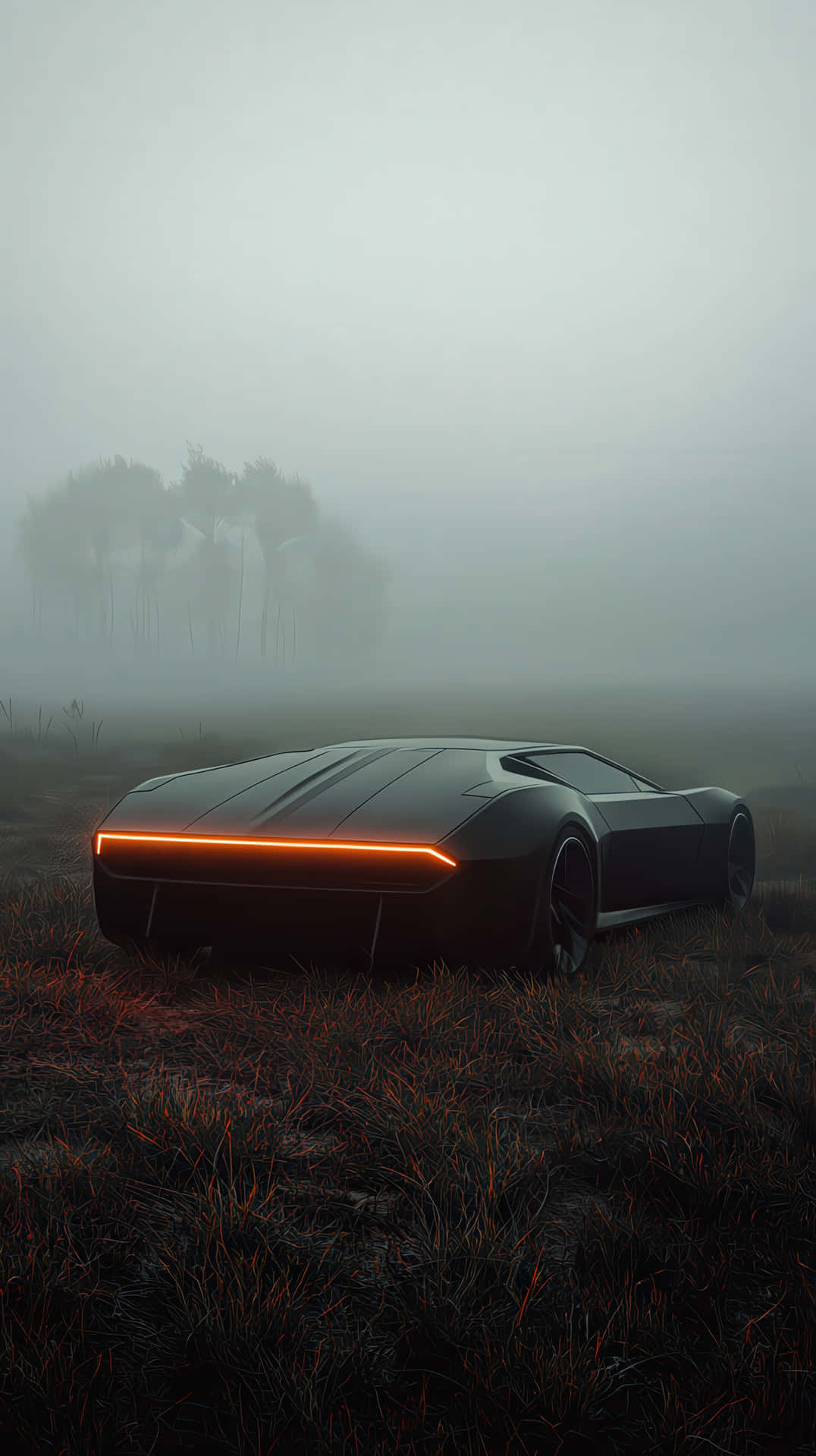 Futuristic black sports car with glowing rear lights in a misty foggy landscape 壁紙 — 一輛時尚的黑色未來汽車，帶有發光的橙色尾燈，停在霧氣瀰漫的田野中，樹木在霧中幾乎看不見。