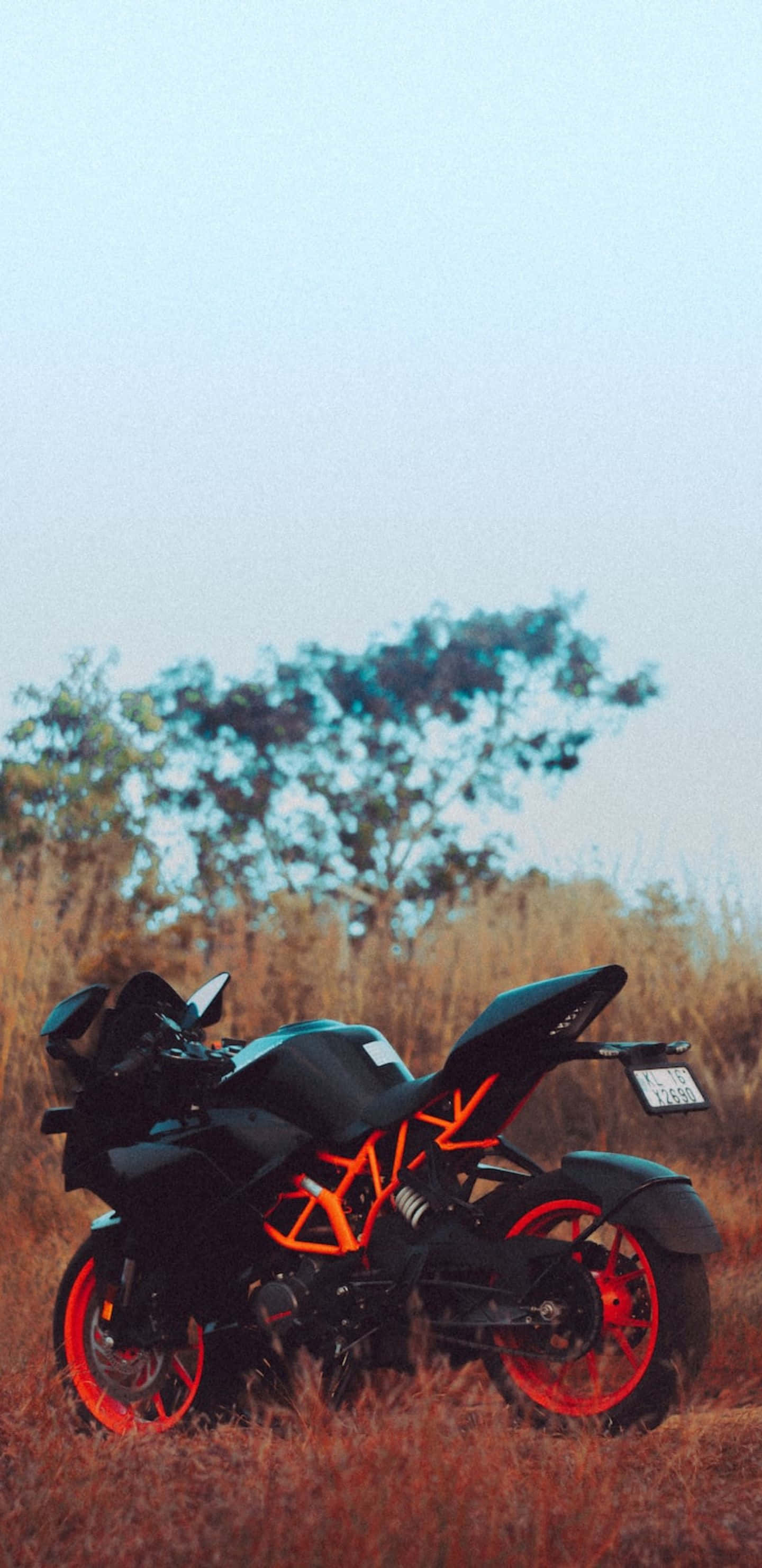 Pixel 3xl Bikes 桌布 壁紙 — 一輛時尚的黑色機車帶有鮮豔的橙色點綴，在蒼白的天空下矗立於乾草田野中。