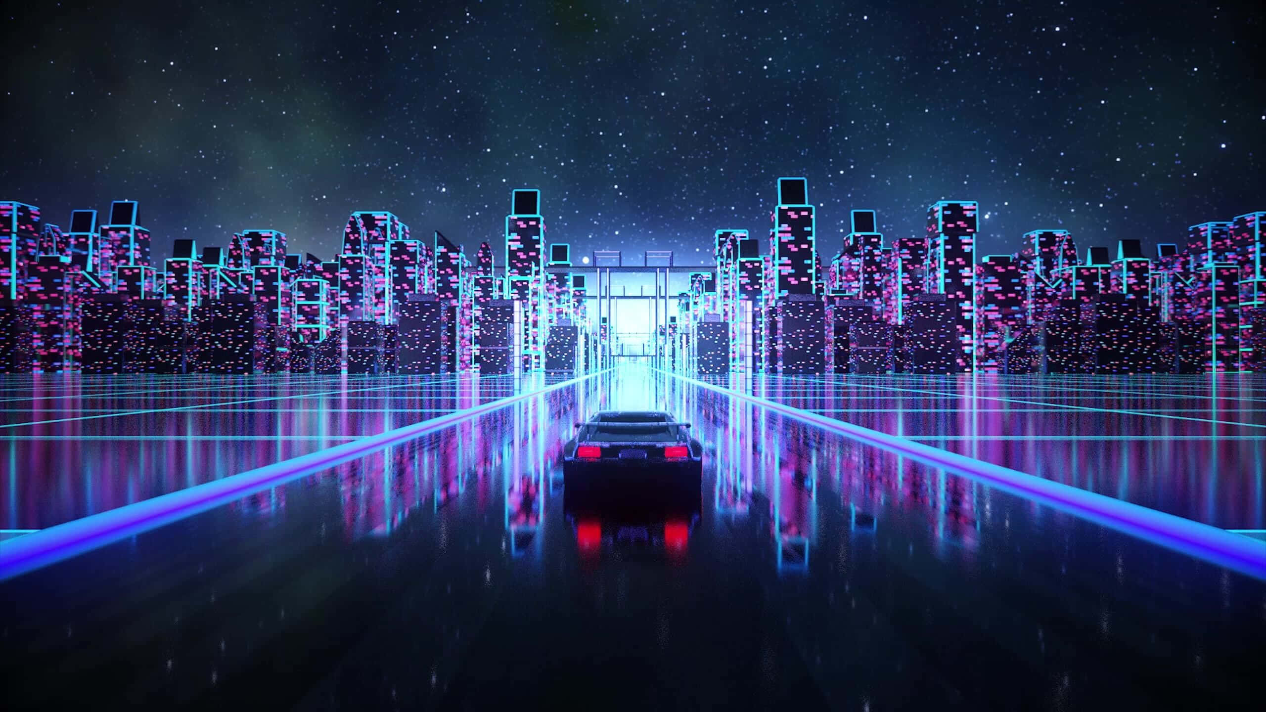 Live Aesthetic 桌布 壁紙 — 一輛時尚的黑色汽車在星光燦爛的夜空下，沿著發光的霓虹大道駛向一個光芒四射的傳送門，進入未來主義的城市景觀。