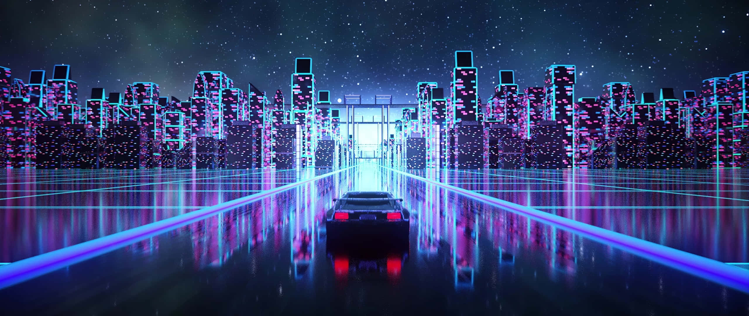 Art 2560x1080 桌布 壁紙 — 一輛時尚的黑色汽車在星光燦爛的夜空下，沿著發光的霓虹大道駛向未來城市景觀中一條光芒四射的隧道。