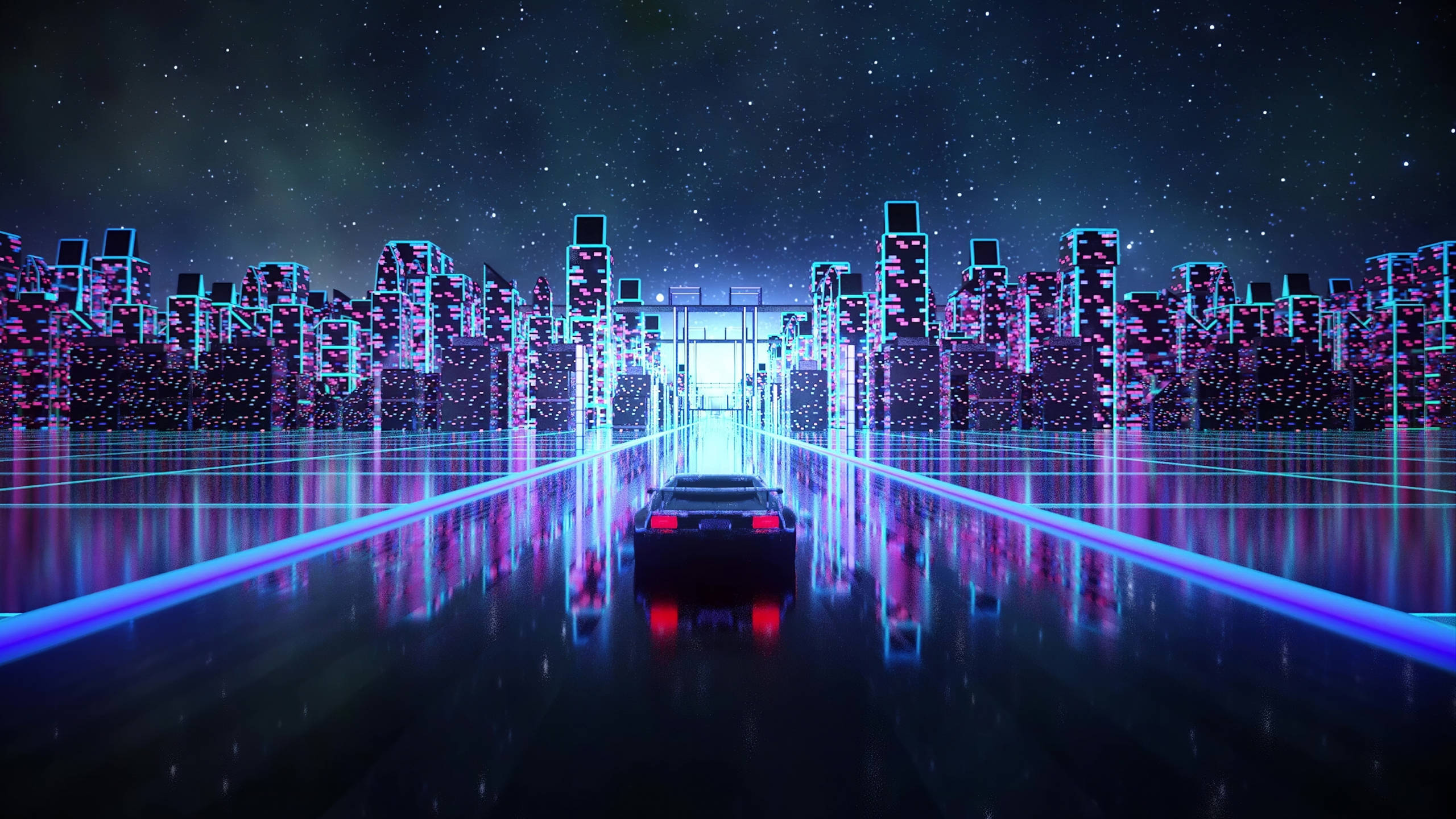 Cyberpunk 2077 桌布 壁紙 — 一輛時尚的黑色汽車在星光燦爛的夜空下，沿著發光的霓虹高速公路駛向未來城市的天際線。