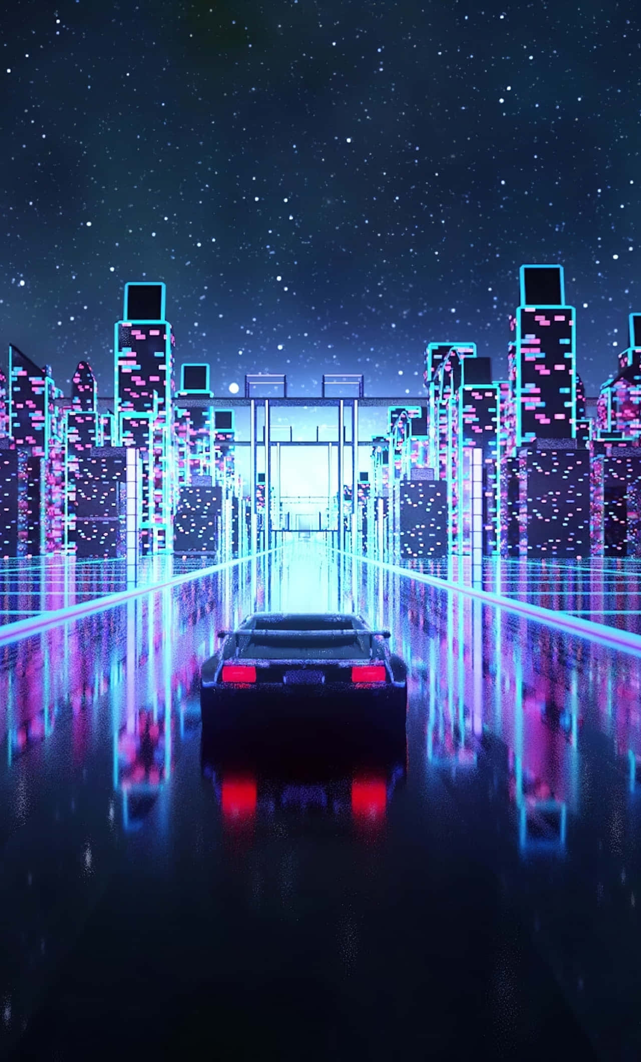 蒸氣波 桌布 壁紙 — 一輛時尚的黑色汽車在星空下沿著濕漉漉的霓虹大道駛向發光的城市天際線。