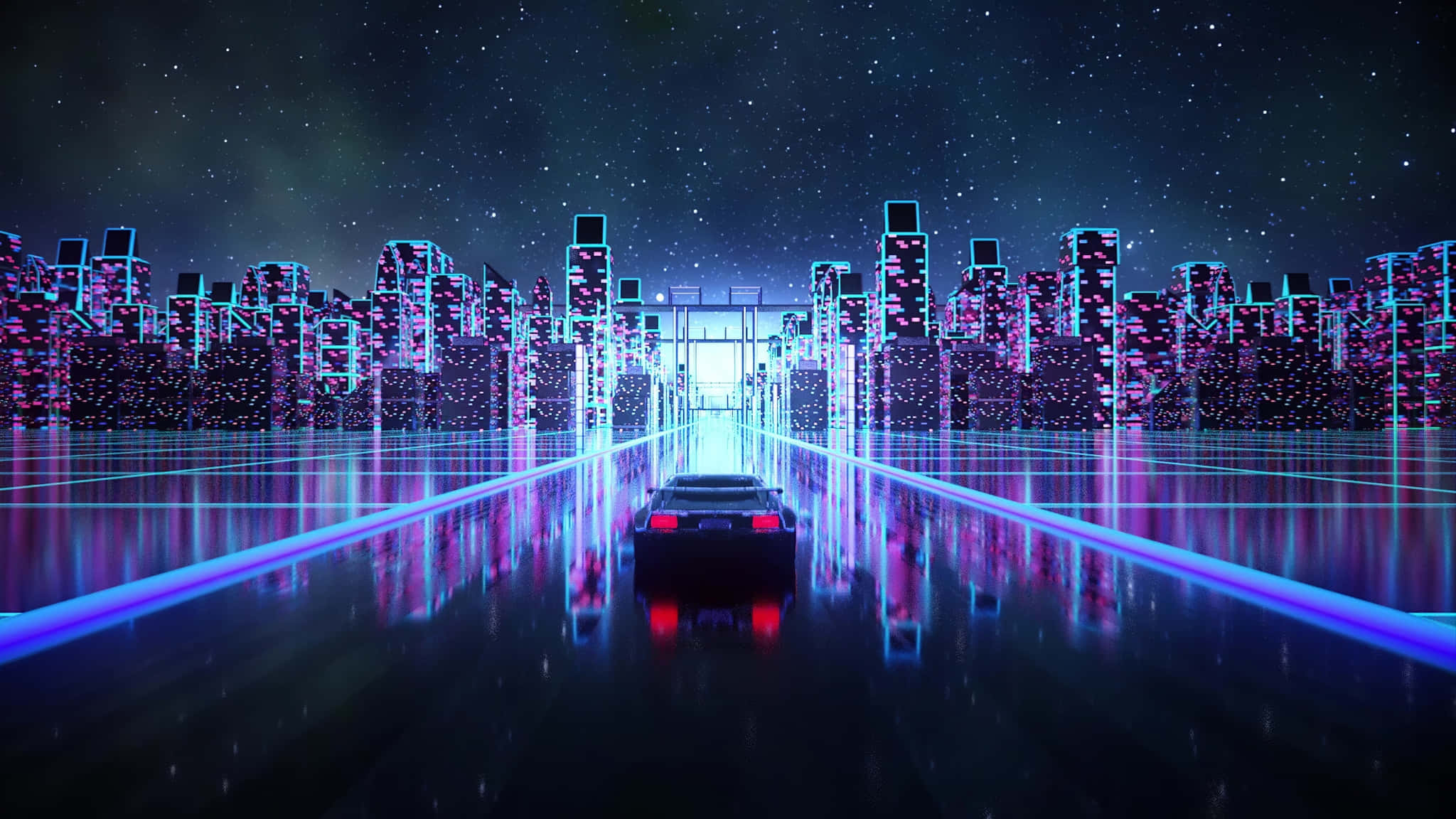 2048x1152 桌布 壁紙 — 一輛時尚的黑色汽車在閃爍的霓虹高速公路上行駛，朝向星空下未來城市的天際線。