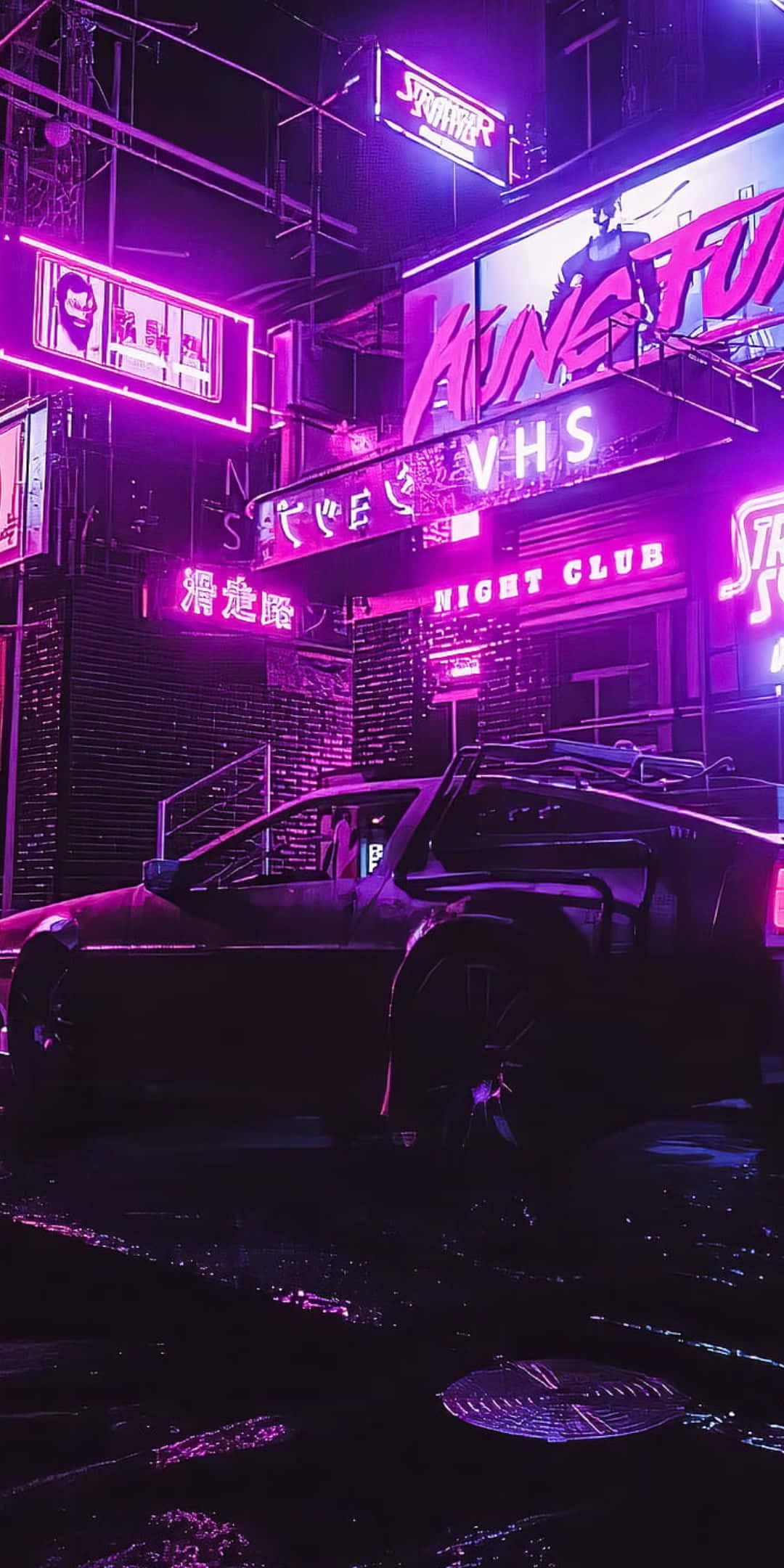 Pixel 3 Cyberpunk 2077 桌布 壁紙 — 一輛時尚的黑色汽車在雨夜的賽博朋克街道上，停在發光的紫色霓虹燈牌下。