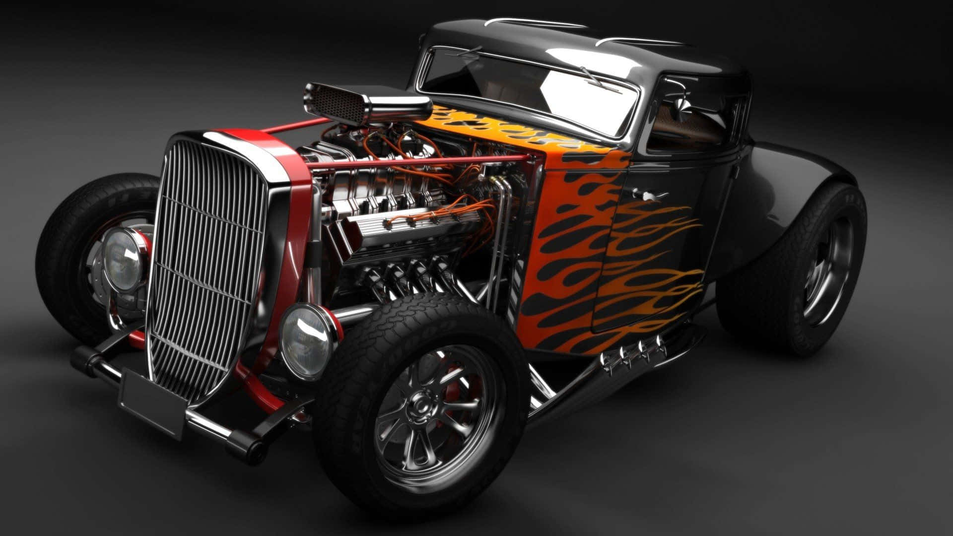 Hot Rod 桌布 壁紙 — 一輛時尚的黑色熱棒車，帶有橙色火焰貼花和裸露的引擎，在工作室燈光下閃閃發光。