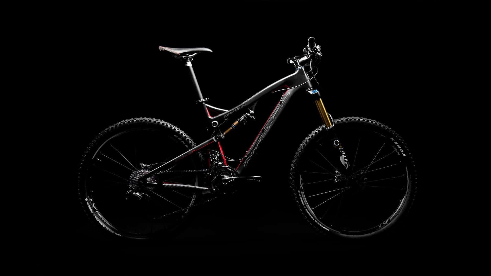Mountain Bike 桌布 壁紙 — 一輛時尚的黑色登山自行車，配備金色前叉和紅色點綴，孤立在純黑色背景上。