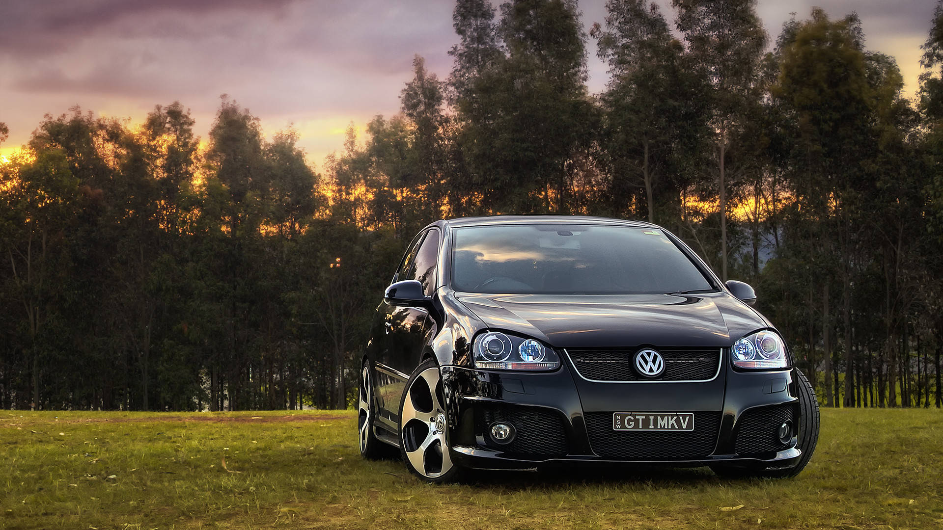 Gti 桌布 壁紙 — 一輛時尚的黑色福斯 GTI 停在夕陽下的草地上，背後樹木閃耀著光芒。